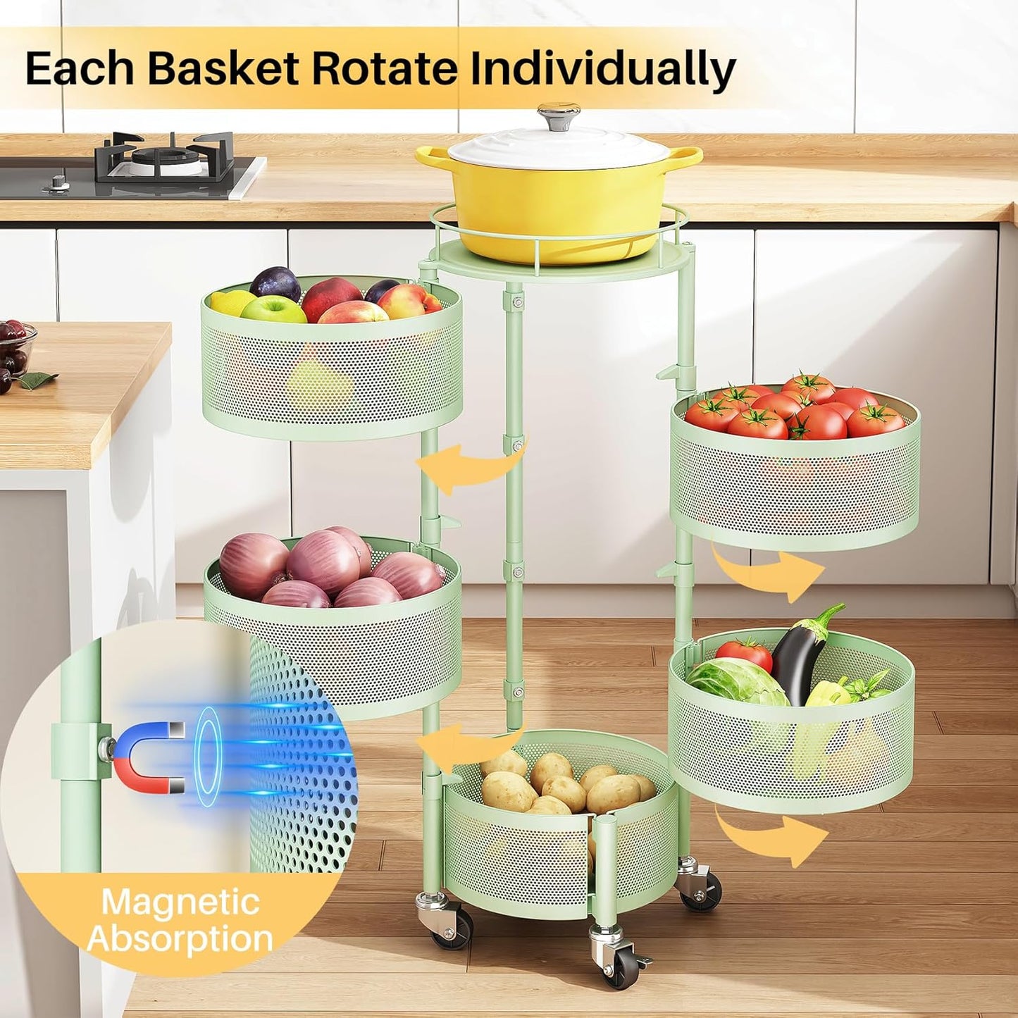 SNTD Fruit and Vegetable Basket Bowls for Kitchen with Metal Top Lid, 5 Tier Rotating Storage Rack Cart for Potato Onion Bread Banana, Wire Basket Organizer on Wheels, Large (Green)