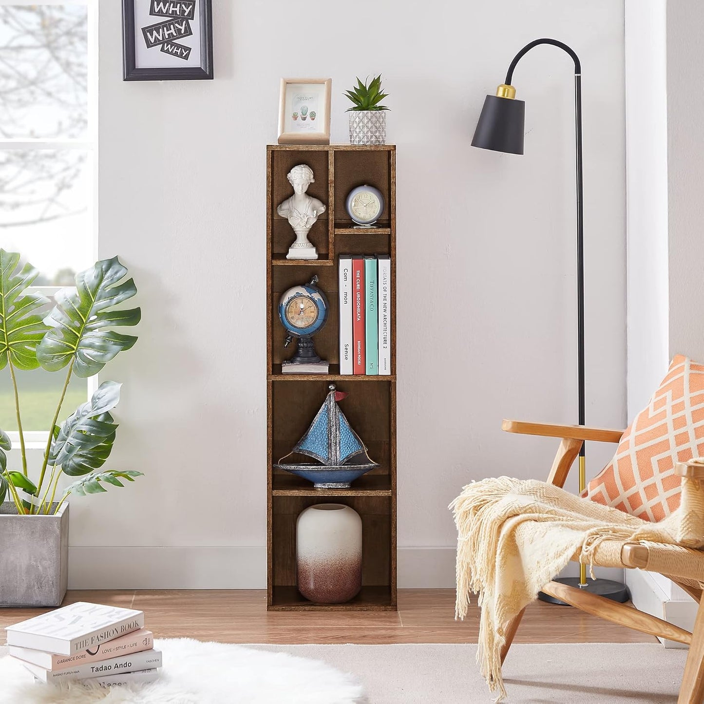 VECELO 4-Tier Bookcase, Modern Storage Cabinet with Height Difference Shelves for Standard Textbooks, 5 Cubes, Vertical or Horizontal, Easy Assembly, Rustic Brown