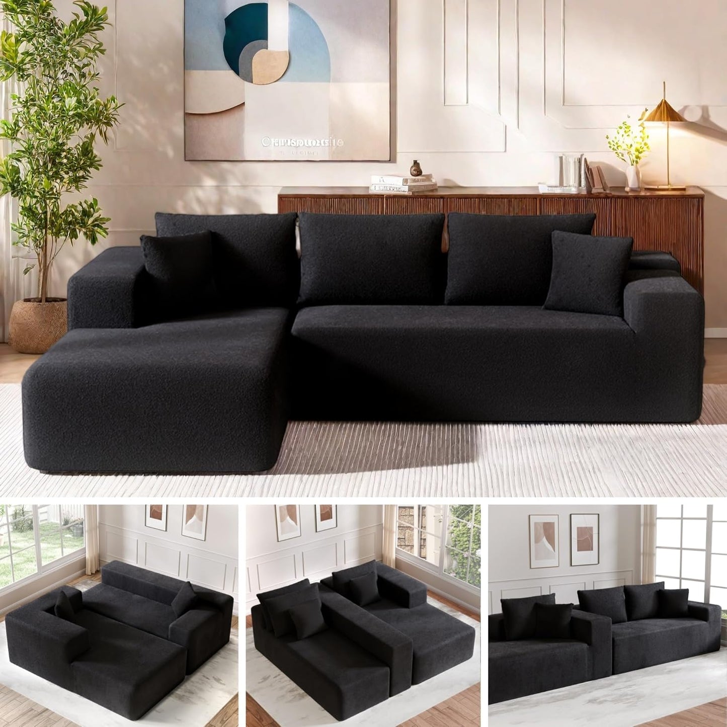 Cloud Sectional Couch, 104”L-Shape Oversized Sofa with Right Chaise Lounge, Modular Sleeper Couch with Pillows & Deep Seat, Rain Drop Velvet Fabric Compressed Sofa for Living Room, Black