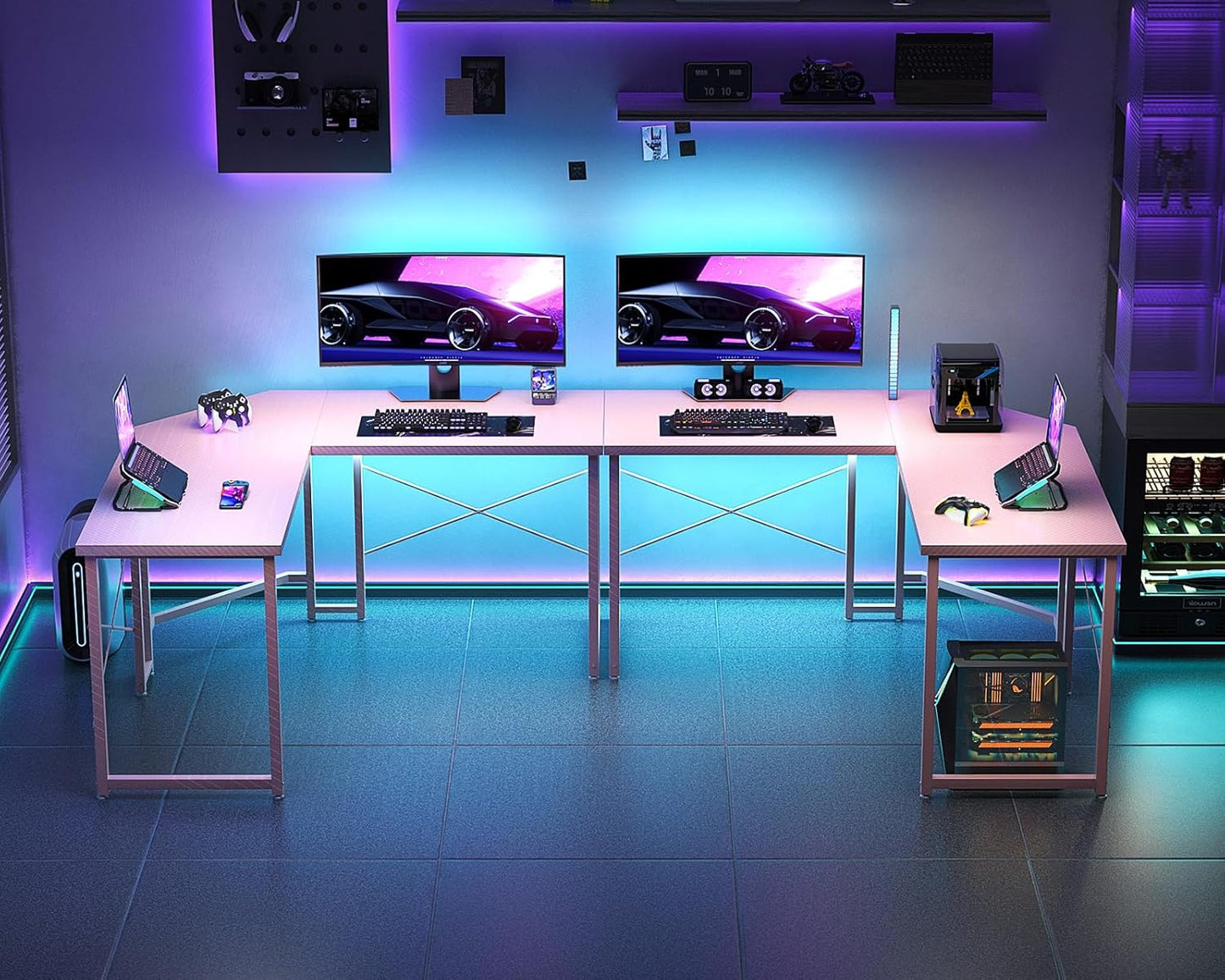 Casaottima L Shaped Gaming Desk, Corner Desk Gaming Table for Home Office, Computer Desk Sturdy Writing Workstation for Small Space, Easy to Assemble, 51 inch, Carbon Fiber Surface, Pink