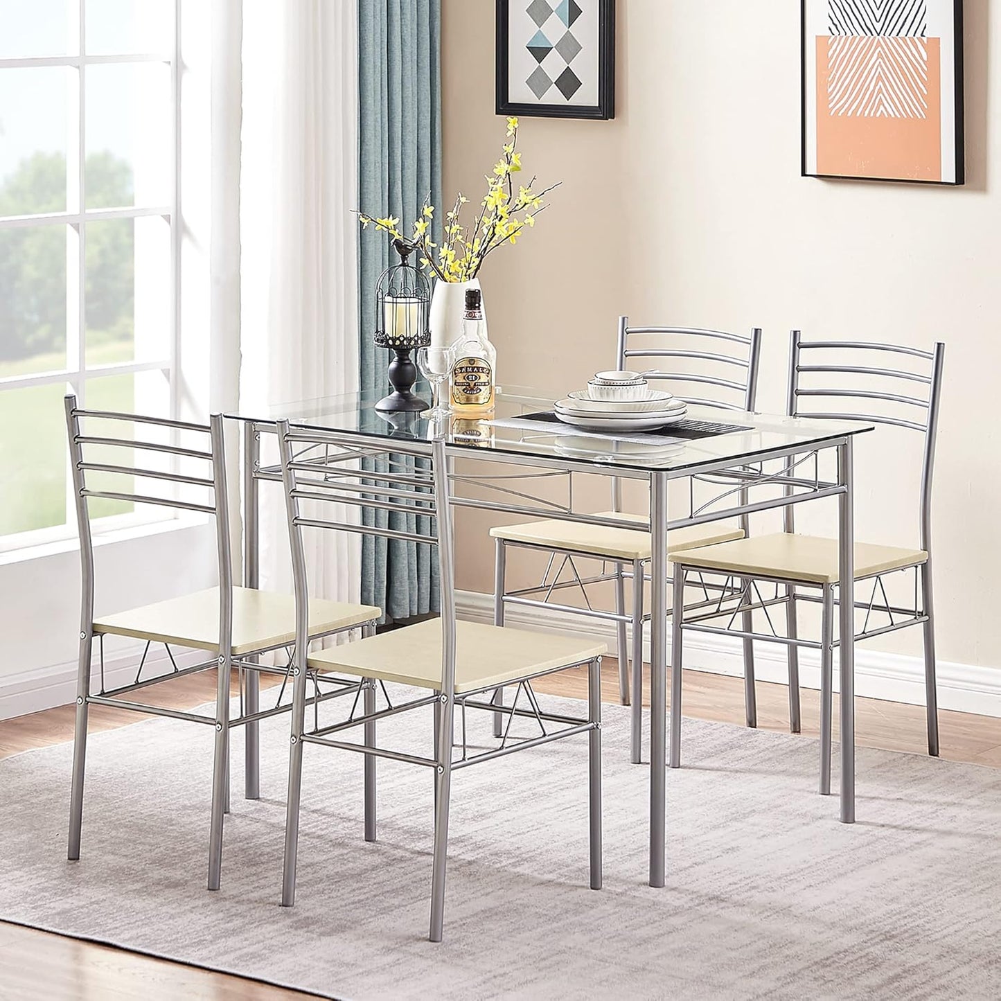VECELO Kitchen Dining Room Table and Chairs 4, 5-Piece Dinette Sets, Space Saving (Silver)