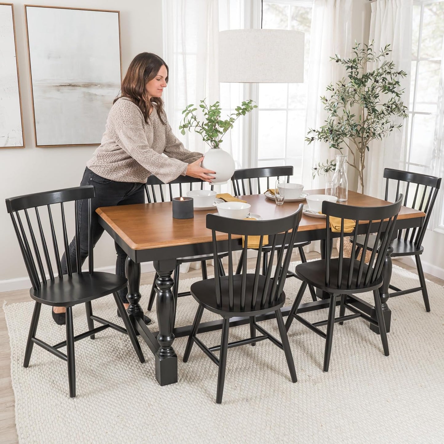 Bush Furniture Rectangular Dining Table Set for 6, with 67 inch Squire Trestle, High Back Spindle Dining Chairs, Farmhouse Transitional, Sterling Collection, Dark Brown and Black