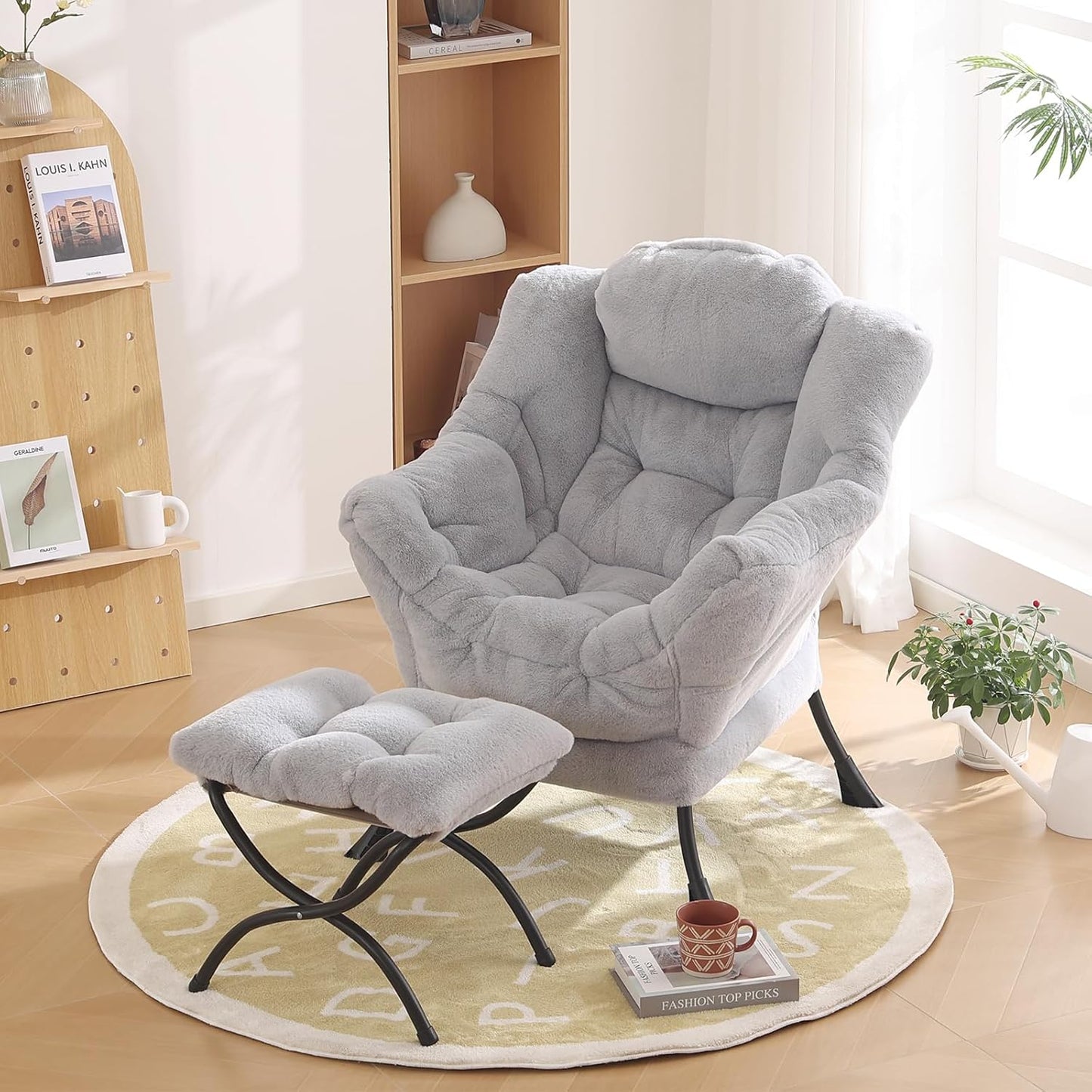 Lazy Chair with Ottoman, Modern Reading Chair with Folding Footrest, Comfortable Lounge Accent Chair for Bedroom, Study, Living Room, Courtyard (Plush Grey)