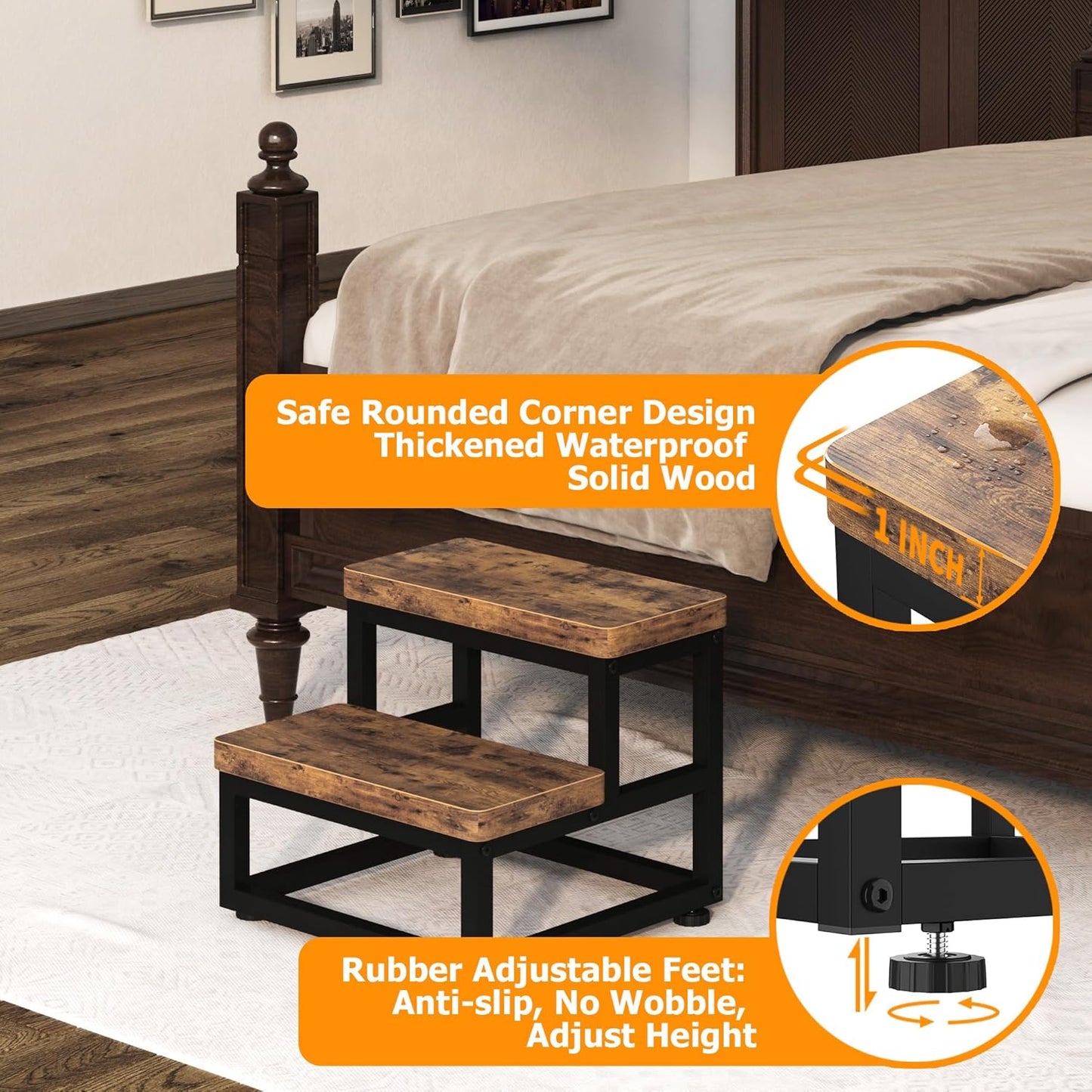 2 Step Wooden Step Stools for Adults Kids, Heavy Duty Stepping Stools Wooden Bed Step Stools for High Beds, Non-Slip 2 Bedside Foot Stool with 500 Lbs Capacity, Kitchen, Bed, RVS Step, Rustic Brown
