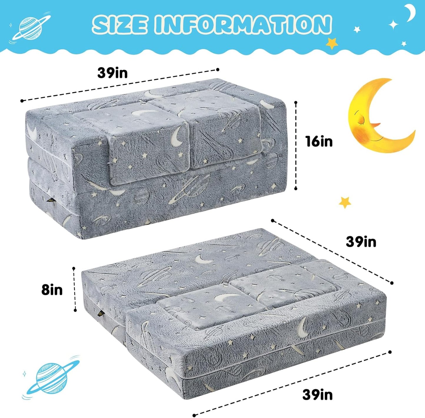 Kids Couch Sofa Modular Toddler Couch, Glow in The Dark 3 in 1 Fold Out Kids Sofa with Washable and Durable Covers for Boys, Galaxy Stars