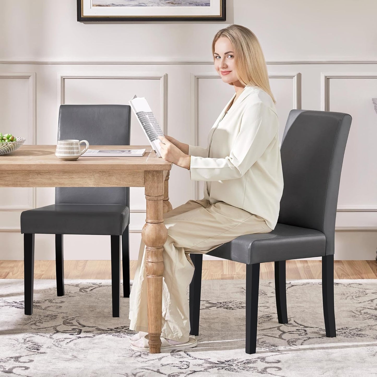 Yaheetech Dining Chairs Set of 2 Faux Leather Modern Dining Room Chairs with Rubberwood Legs and Padded Seat for Kitchen/Living Room/Restaurant, Dark Gray