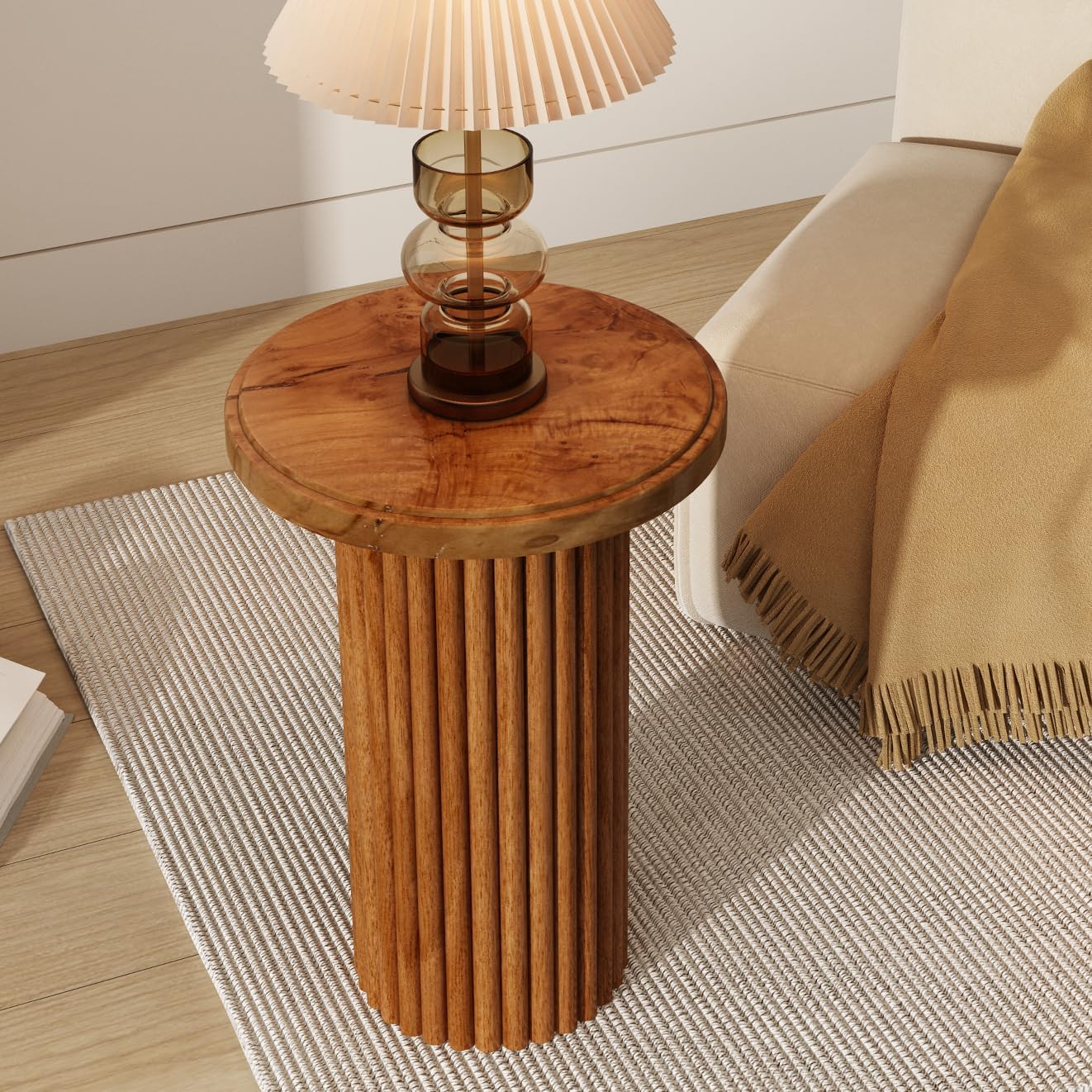 Round Wood Side Table, Fluted Accent Table, Small End Table for Living Room, Bedroom, Fully Assembled