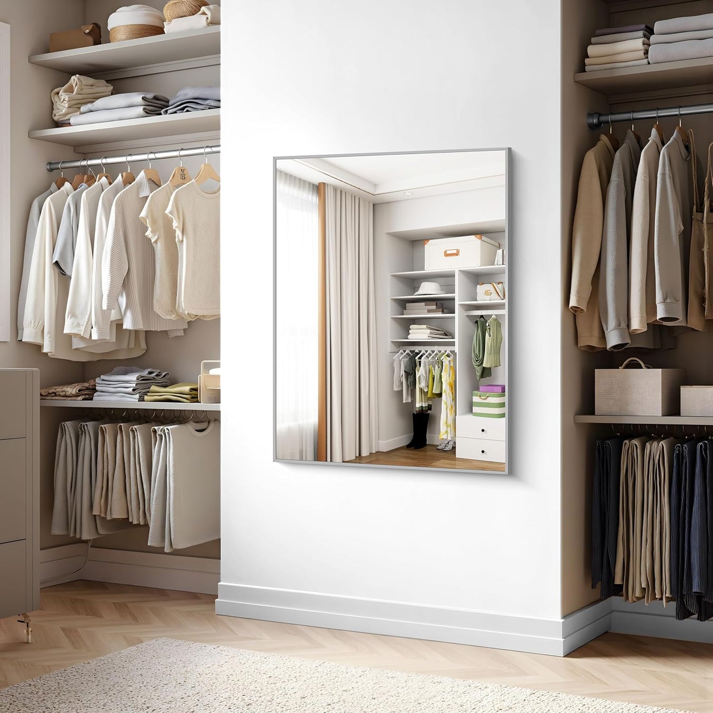 KOCUUY Silver Bathroom Mirror, 48"x36" Large Rectangular Mirror with Metal Frame, Brushed Nickel Vanity Mirror with Modern Design for Bathroom, Living Room, Entryway, Hang Horizontal/Vertical