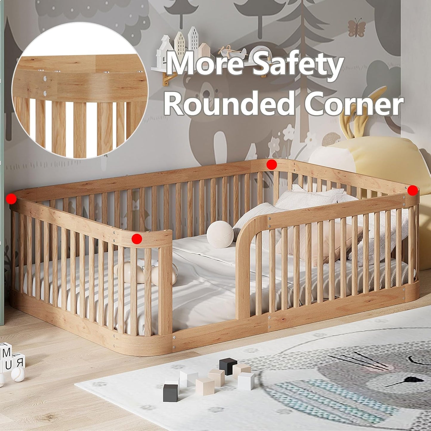 Full Floor Bed with High Fence and Rounded Corner Design, Montessori Floor Bed Frame with Guardrail and Entrance, Easy Assemble Montessori Beds Full Size, Natural
