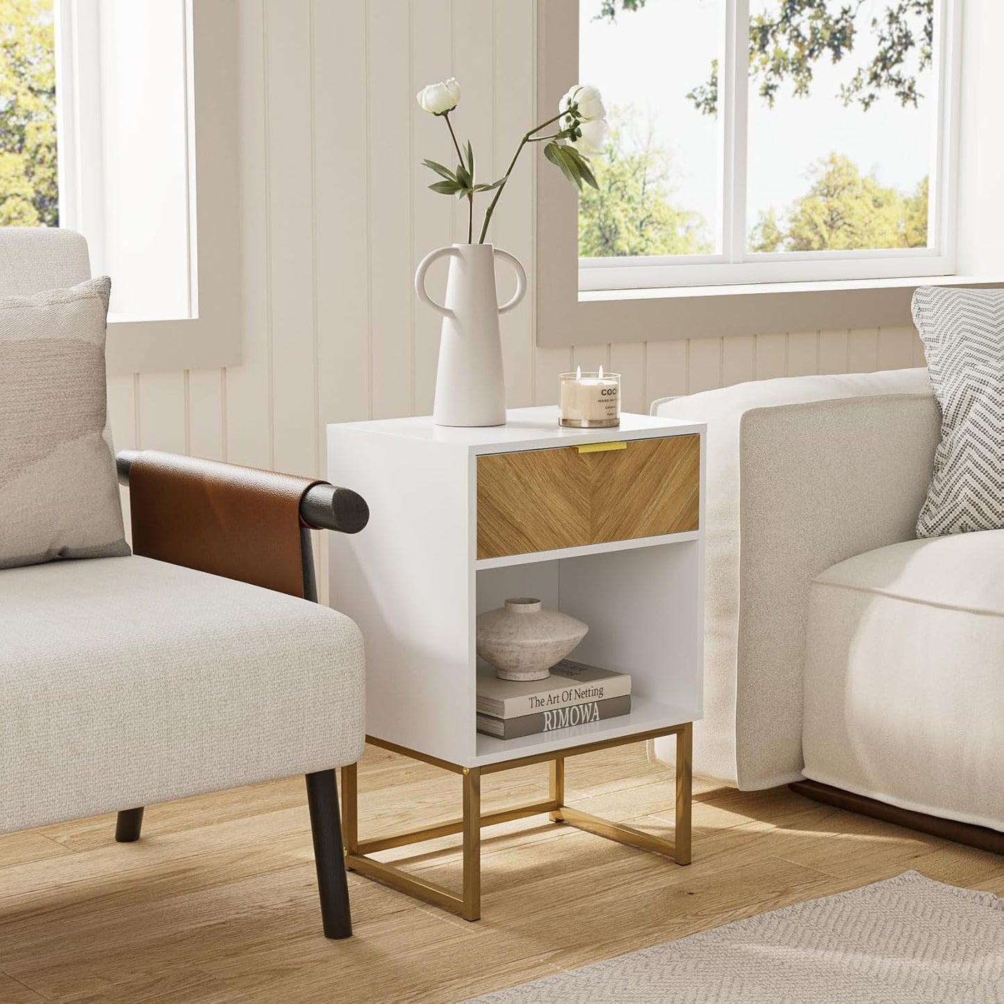 Masupu Nightstand,Modern Night Stand Boho Farmhouse Wood Bedside Table with Storage Drawer Side End Table for Bedroom,Living Room,Office,White