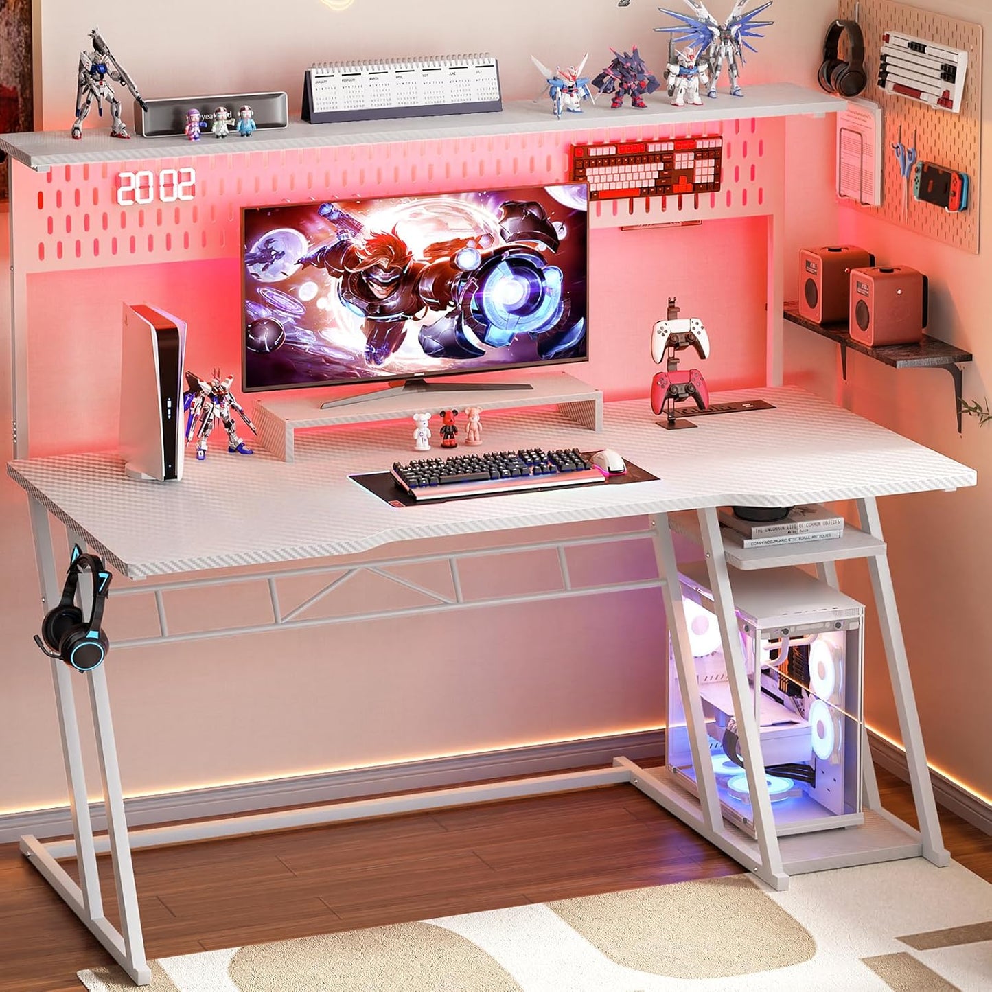 Armocity 53'' White Gaming Desk with Hutch and LED Lights, Gaming Computer Desk with Storage Shelves & Z-Shaped Legs, Reversible PC Game Desk with Pegboard for Bedroom, Carbon Fiber Surface