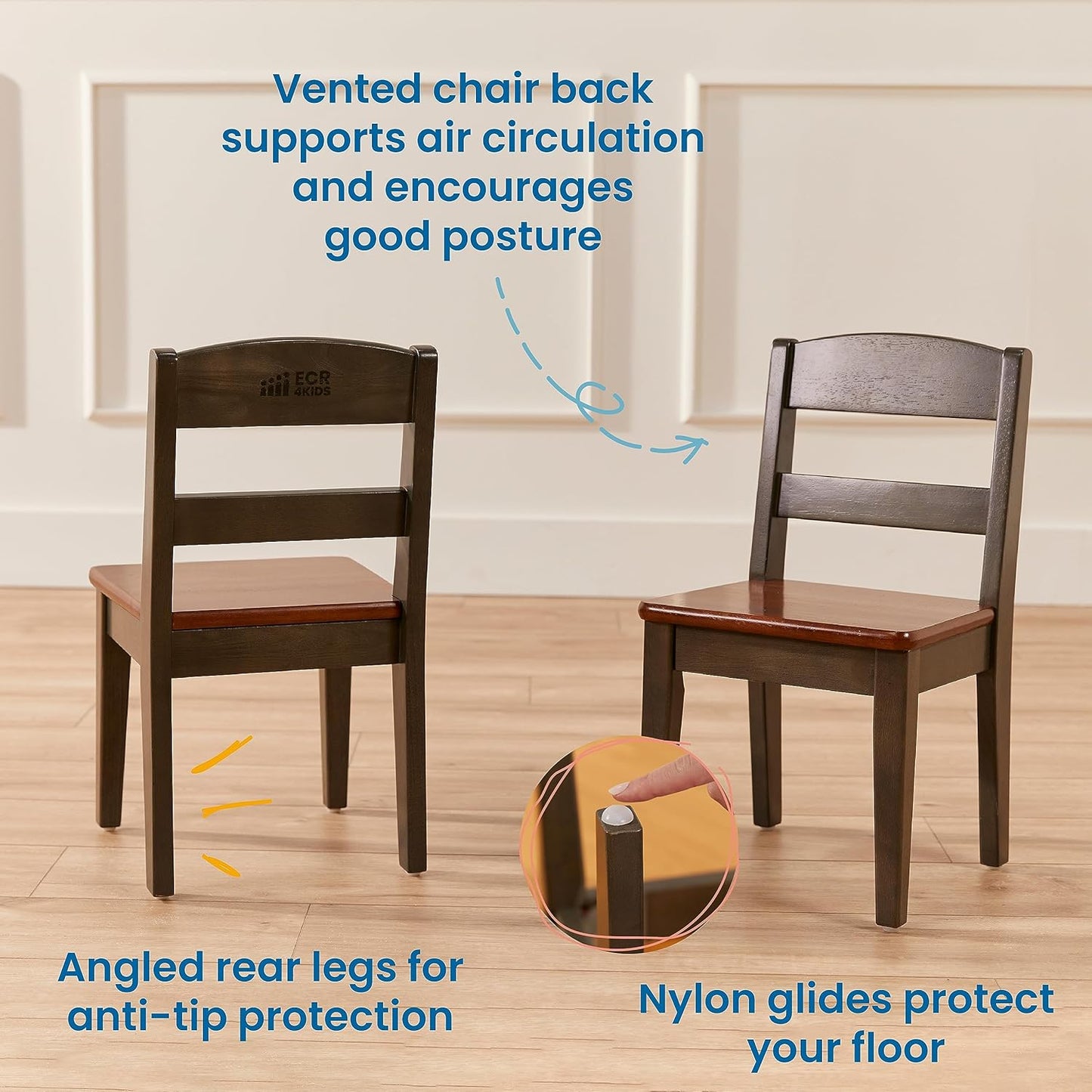 ECR4Kids Hideaway Table and Chair Set, Kids Furniture, Dark Walnut/Grey Wash, 3-Piece