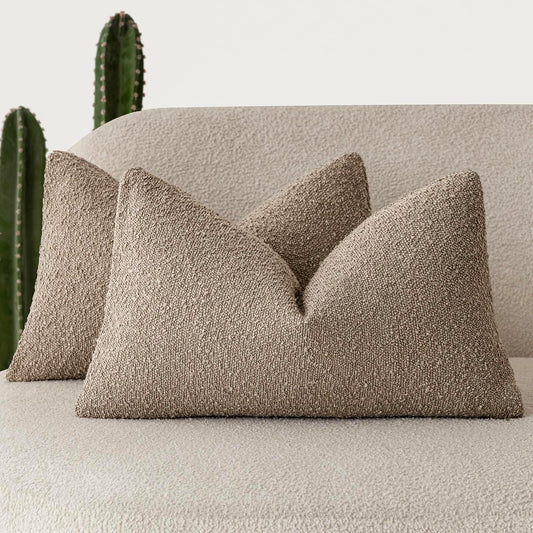 Foindtower Pack of 2 Textured Boucle Throw Pillow Covers Accent Solid Decorative Lumbar Pillow Cases Soft Couch Cushion Case for Chair Sofa Bedroom Living Room Home Decor 12x20 Inch Light Khaki Tan