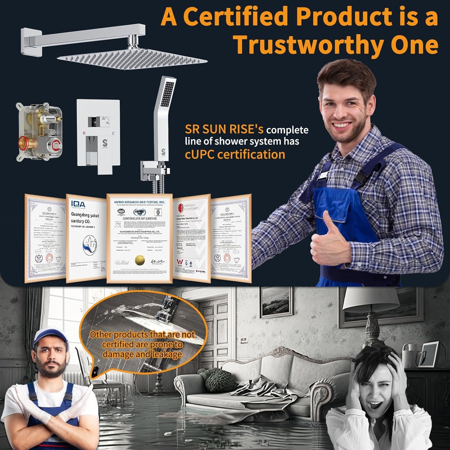 SR SUN RISE Matte Black Square Rainfall Shower Head and Handle Set, Wall Mounted Shower Fixtures, Metal Shower Faucet Trim Repair Kits (With Shower Valve) 16 Inches