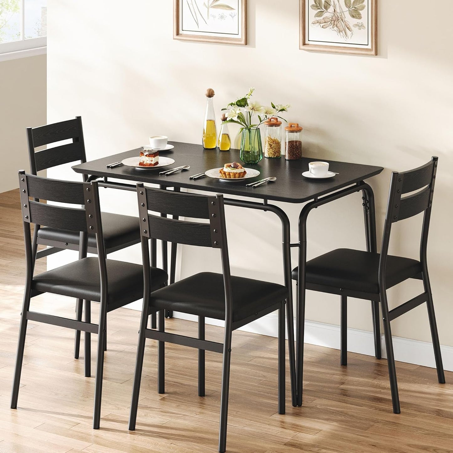 Dining Table for 4, Small Table and Chairs Set of 4, Square Dinette Set for 4, 5 Piece Kitchen & Dining Room Sets for Small Space (Black, Table with 4 Upholstered Chairs)