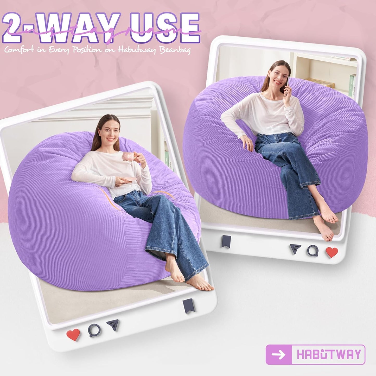 HABUTWAY 5FT Bean Bag Chair,Giant Bean Bag Chairs for Adults,Big Bean Bags with Memory Foam Filled, Large Beanbag Chairs with Soft Corduroy Cover-Purple