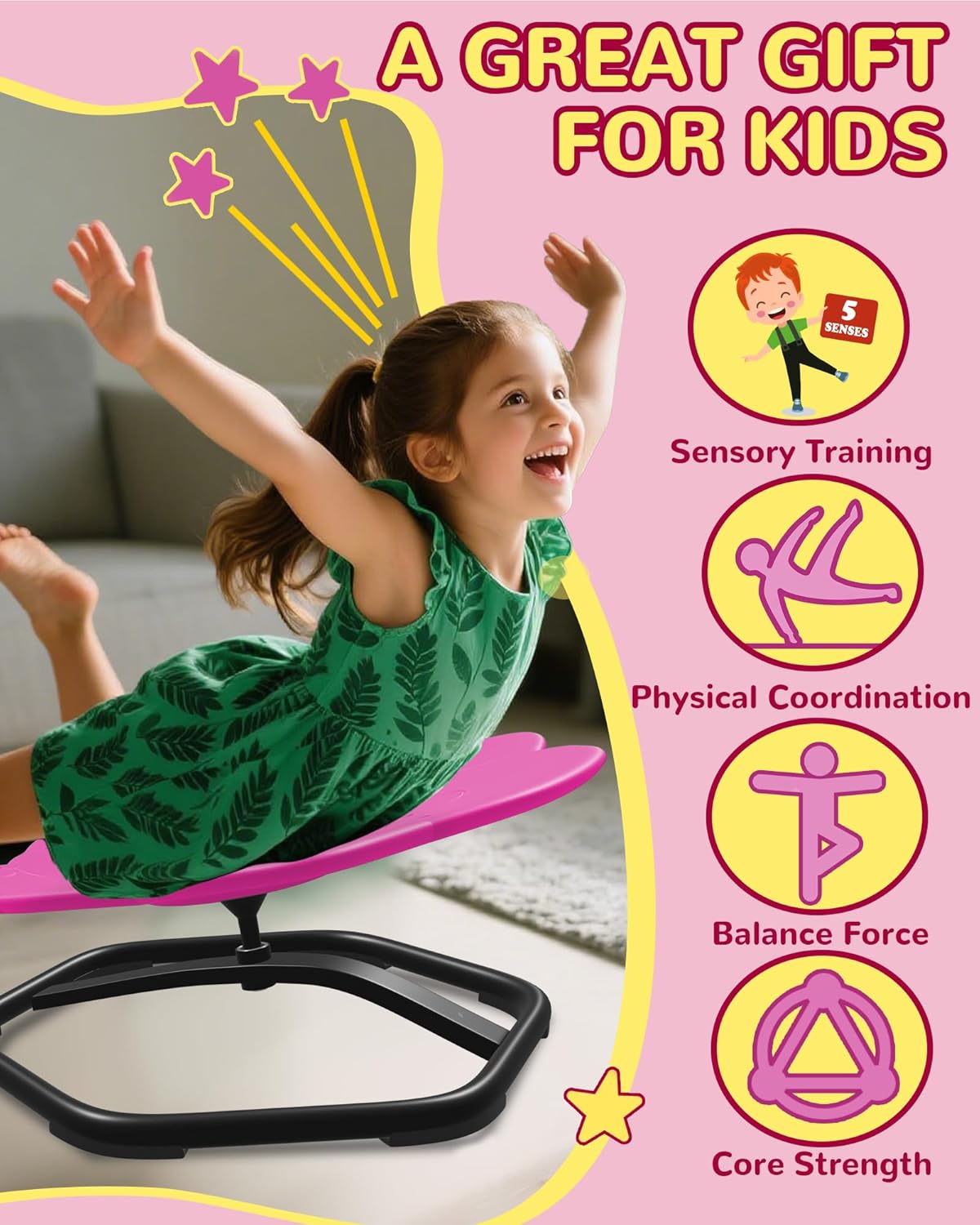 21" L × 19" W Spinning Chair for Autistic Kids, Sensory Toys for Kids with Autism, Sit and Spin, Toddlers & ADHD Children, Sensory Products Swivel Chair, Pink