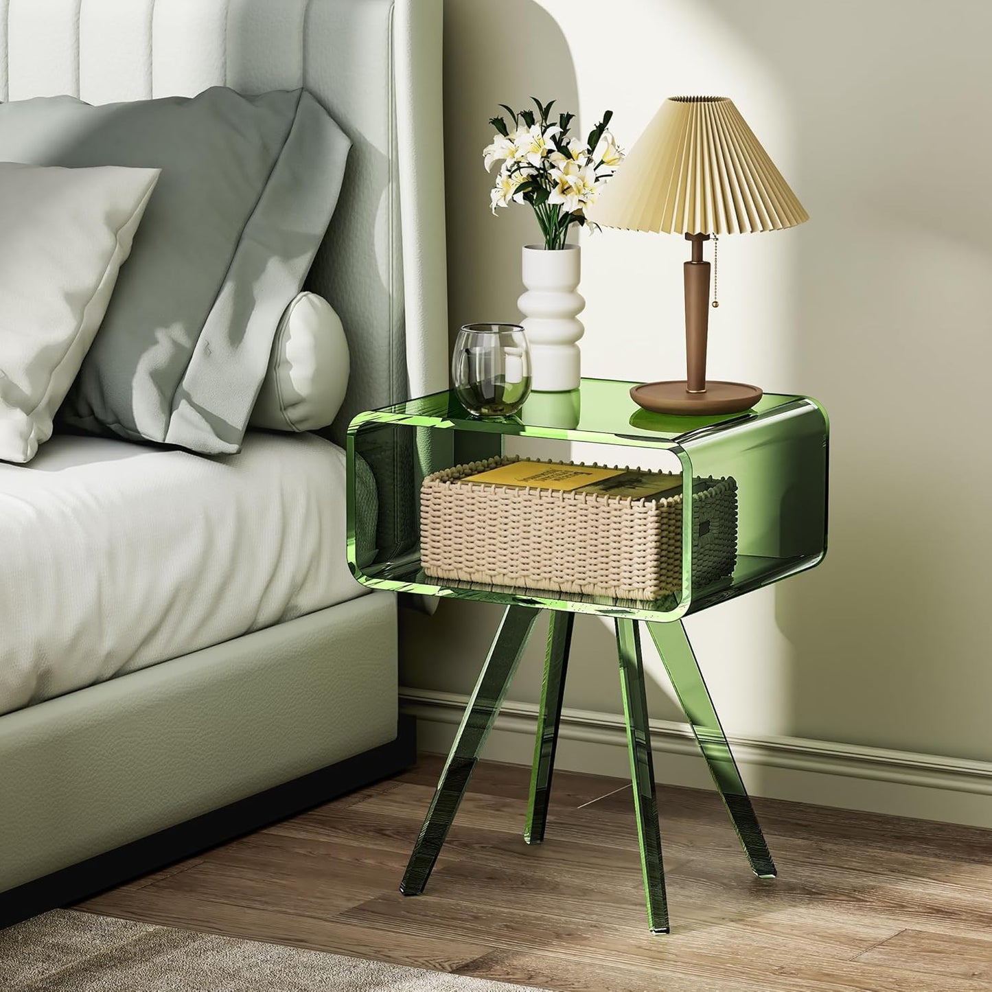 Acrylic Side Table, Acrylic Nightstand Bedside Table for Bedroom (Green, 16.1'' x 11.8'' x 19.7'')