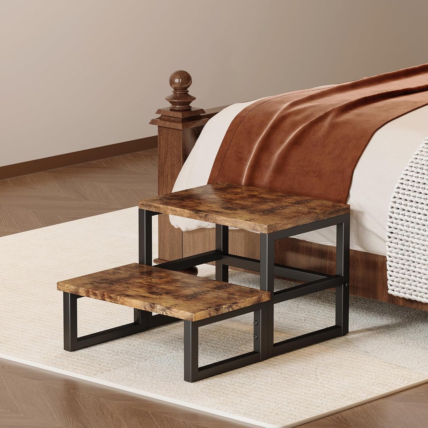 Homeiju 3 in 1 Step Stools for Adults Kids Toddler, Heavy Duty Wooden Step Stool with Non-Slip Pads, 2 Tire Step Stool for Kitchen Bathroom Bedroon Stepping Stool, Rustic Brown