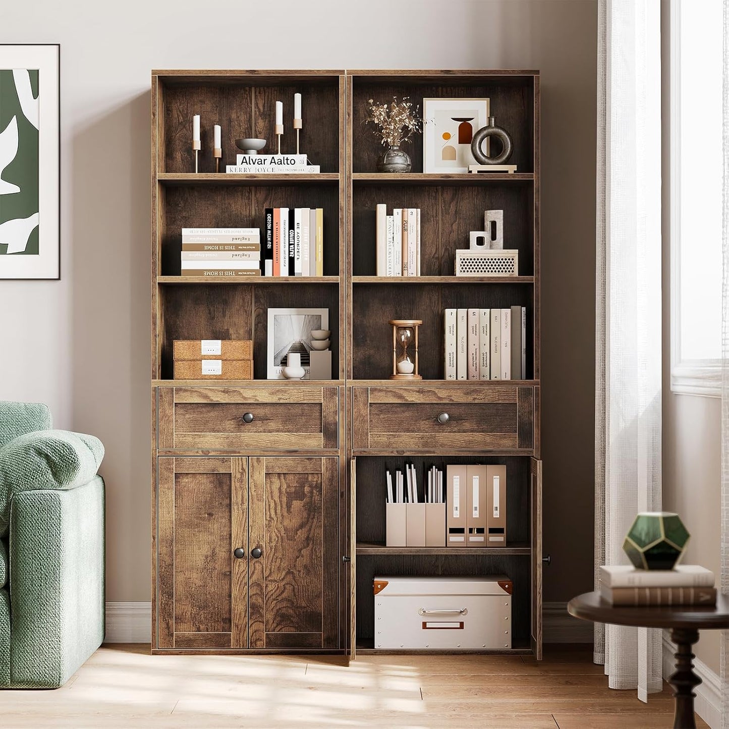 Casaottima Bookshelf and Bookcase with Doors and Drawer, Floor Standing 6-Tier Shelf Display Storage Shelves, Tall Bookcases for Home Office, Living Room, Vintage