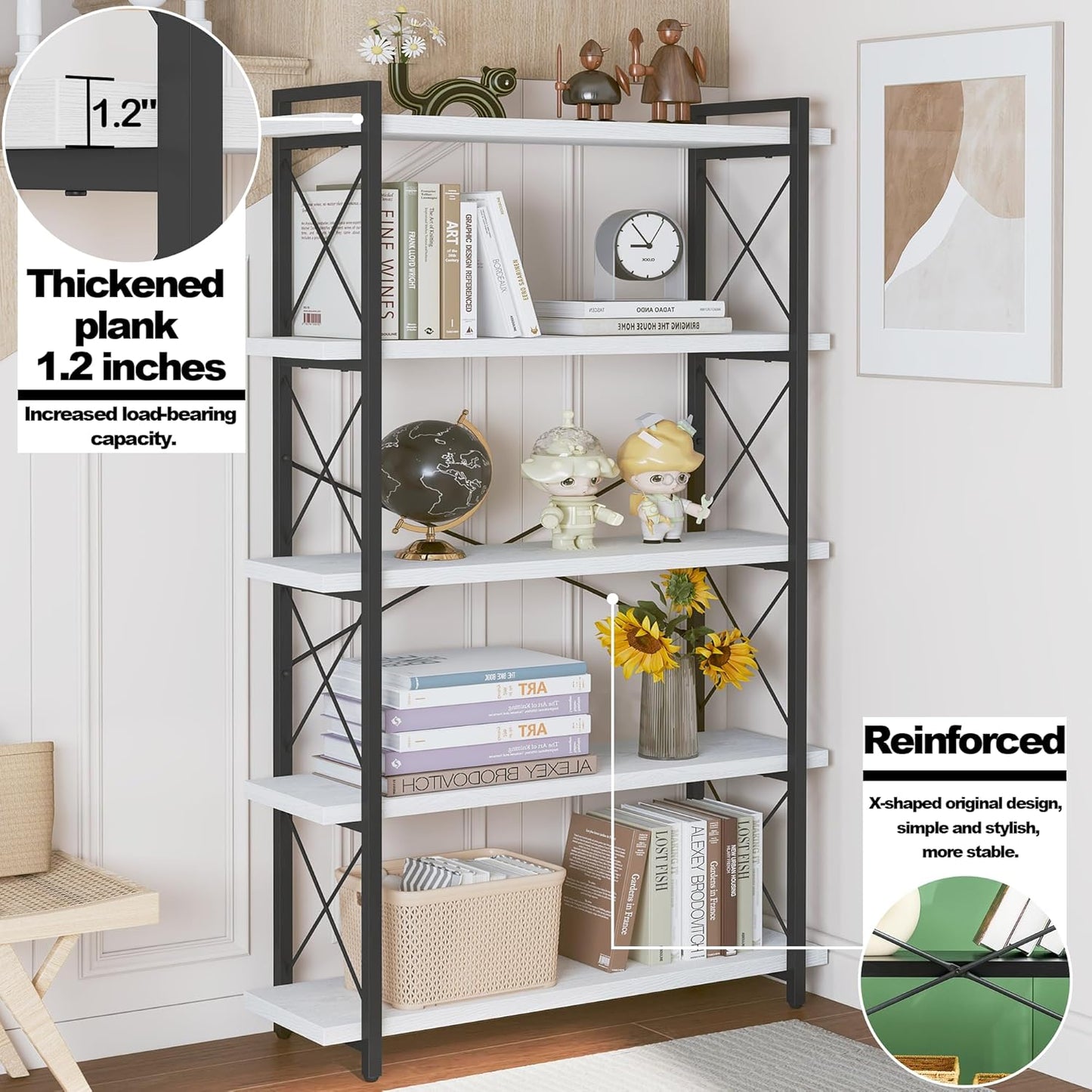 HCHQHS Bookshelf, 5-Tier Industrial Bookcase, Open Book Shelf, Freestanding Tall Bookshelves with Metal Frame