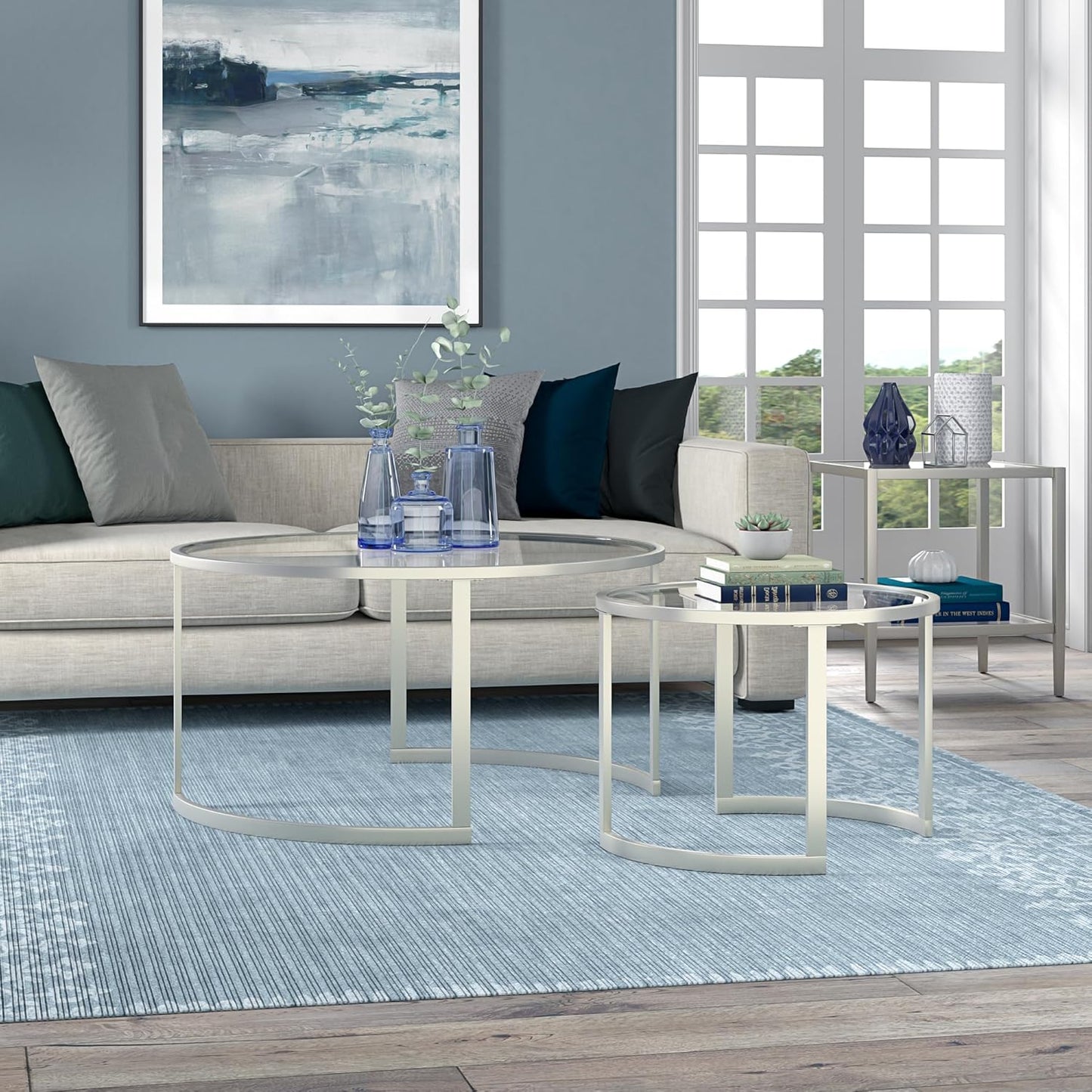 Henn&Hart Round Nested Coffee Table in Satin Silver, for Home, Living Room, Bedroom, Entertainment Room, Office