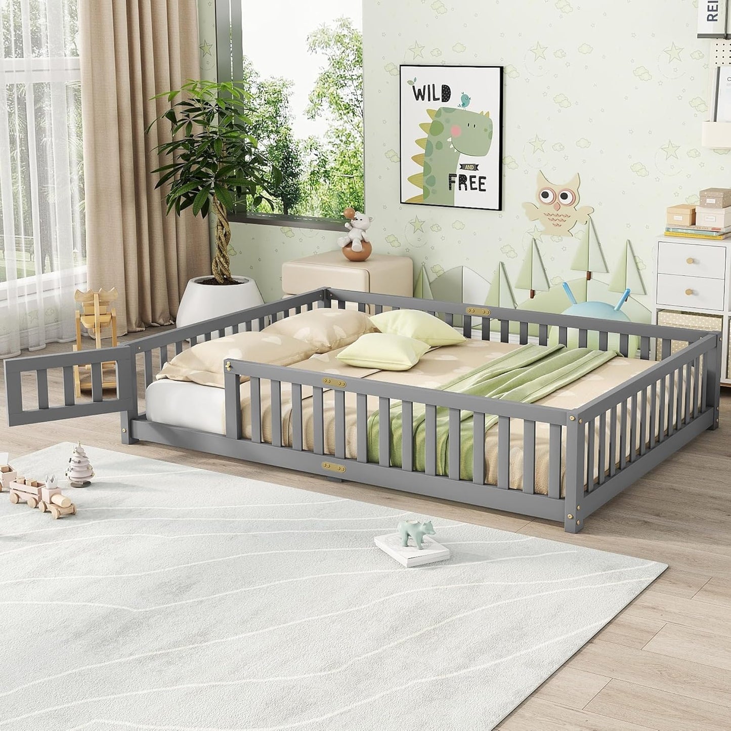 Bellemave Full Floor Bed with Slats and Safety Guardrails, Kids Montessori Floor Beds with Fence and Door, Easy Assemble Floor Bed for Kids, Girls, Boys, Gray