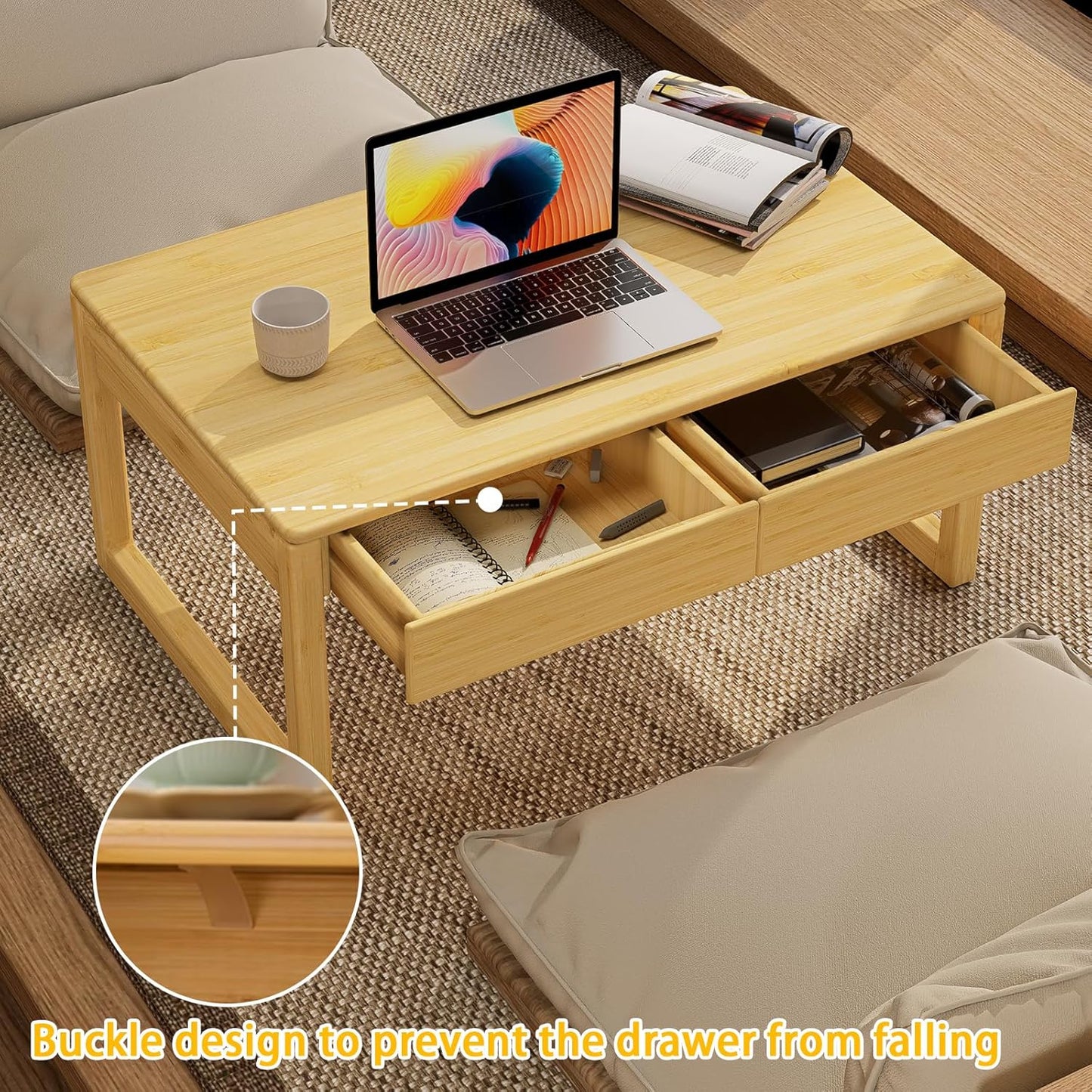 Japanese Floor Coffee Table,Bamboo Low Table,Japanese Tea Table for Sitting Tatami Meditation Living Room Home Office(Wood Color)