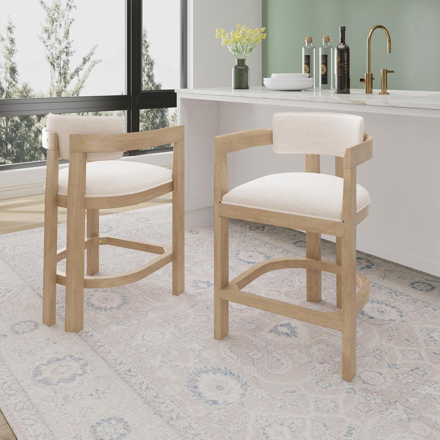 Christopher Knight Home Set of 2 Ryland Modern 26" Counter Height Bar Stools, Fabric Upholstered Counter Stools,Wooden Kitchen Island Armchair with Footrest, Round Backrest, Soft Seating,Beige+Natural