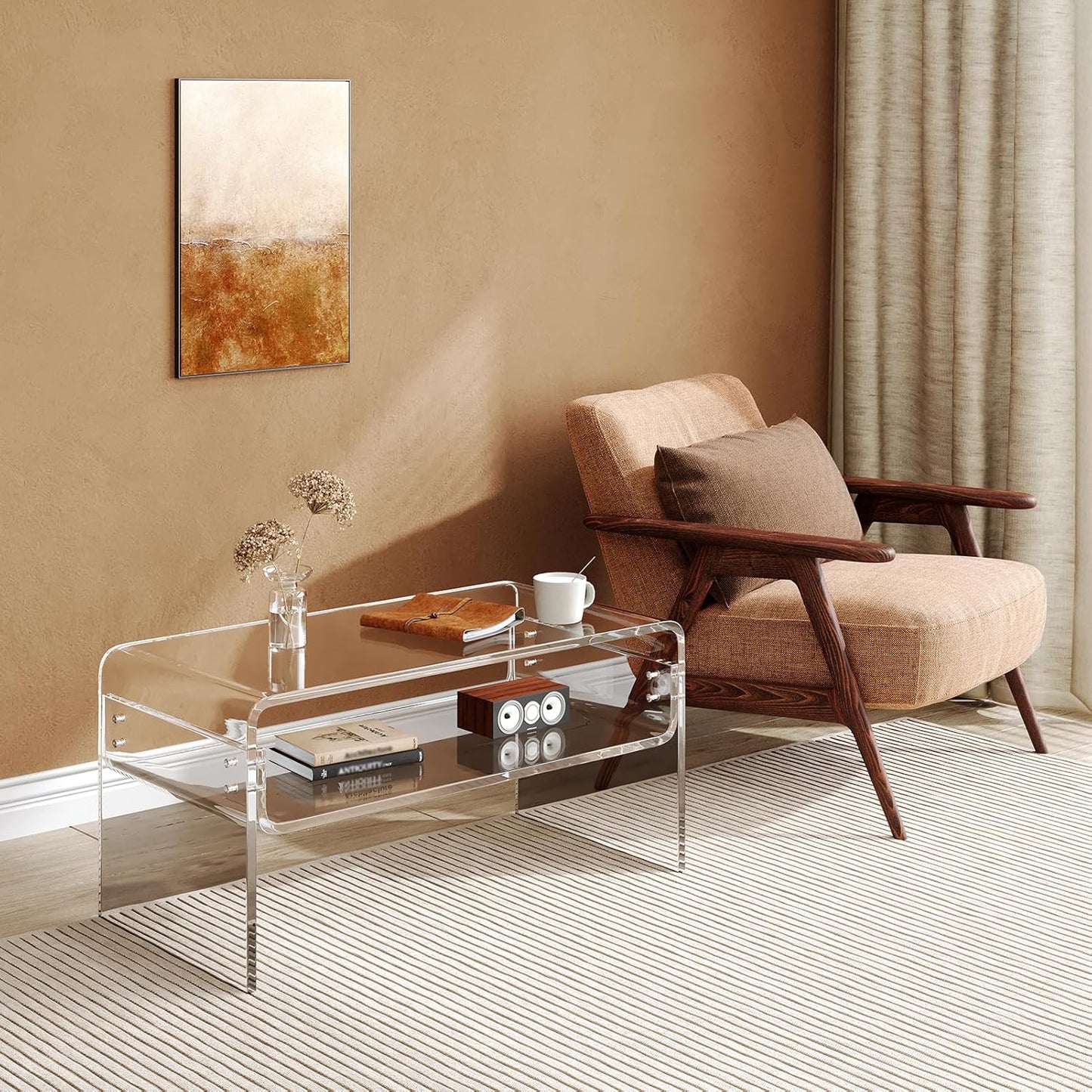 2-Tier Acrylic Coffee Table, Side End Table with Storage Shelf, Modern Center Table for Living Room, Office, Bedroom, Home Small Space, Easy Assembly (Clear)