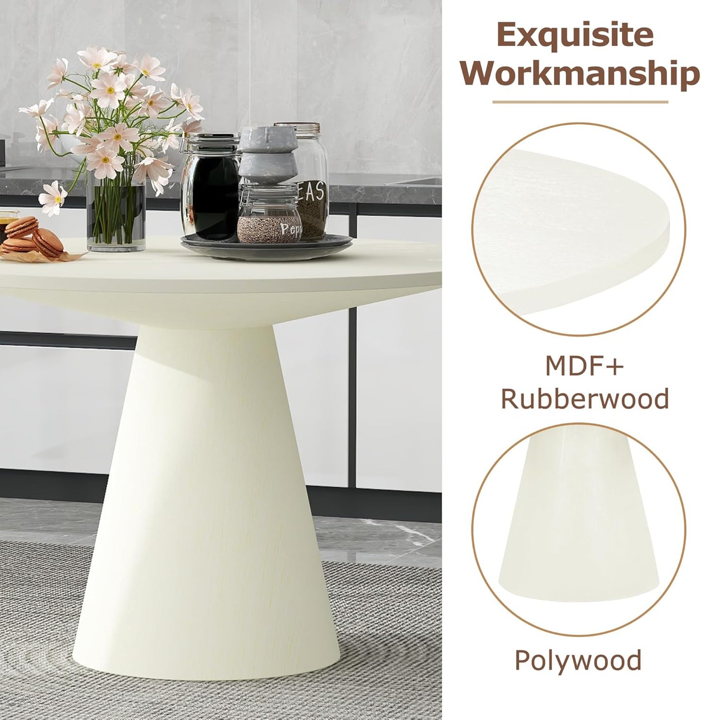 Wooden Kitchen Round Dining Table for 4-6, Round Kitchen Table with Circular Tabletop with Wood Pedestal Base, Rustic Farmhouse Furniture