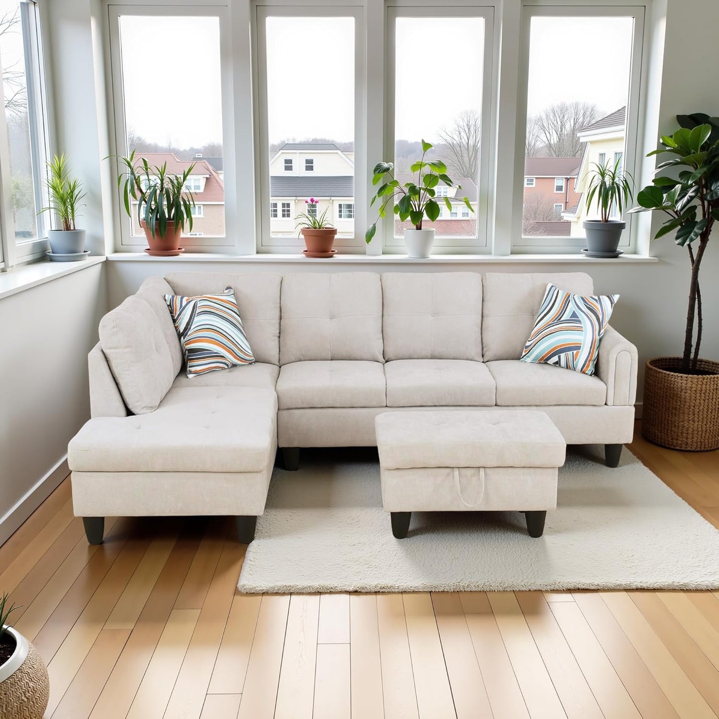 L Shaped Couch Modern Sectional Couch Upholstered Fluffy Fabric 3 Pieces Sofas for Living Room with Chaise, Storage Ottoman for Office and Small Apartment, Light Grey