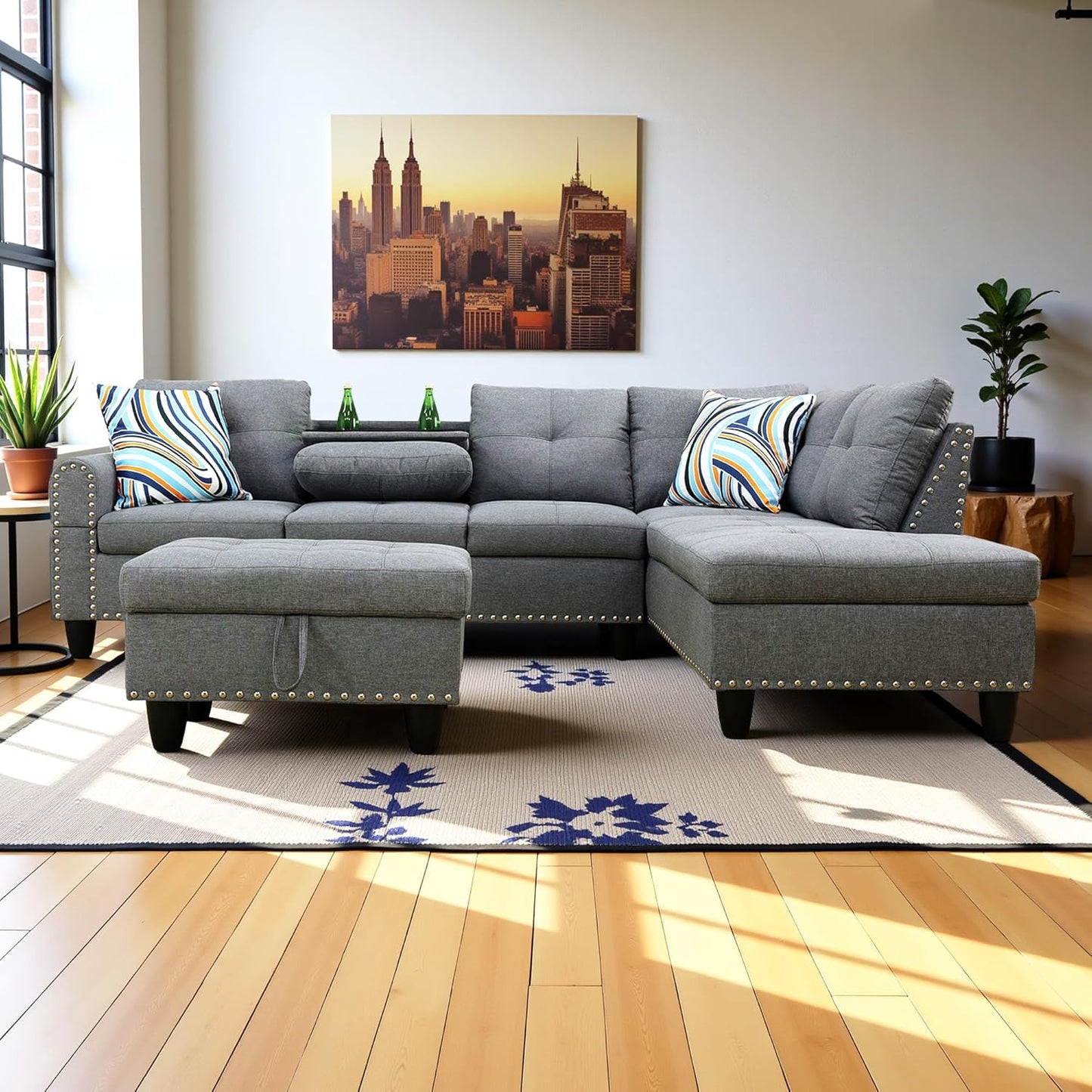 Couches for Living Room Modern L Shaped Couch Comfy Linen Fabric 3 Pieces Sectional Sofa with Chaise, Ottoman with Storage for Office and Small Apartment, Charcoal