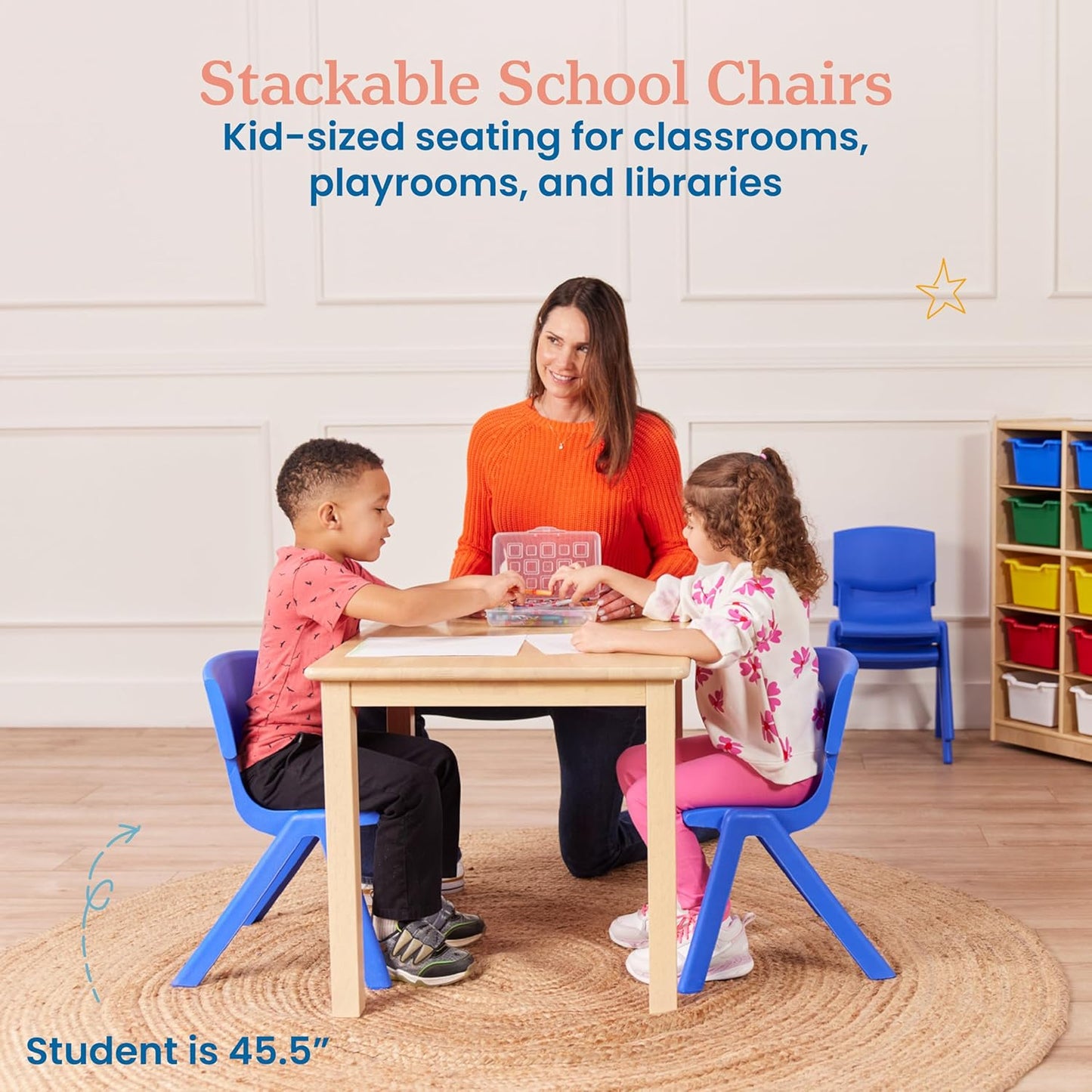 ECR4Kids 12in Plastic School Stack Chair, Classroom Furniture, Blue, 4-Pack
