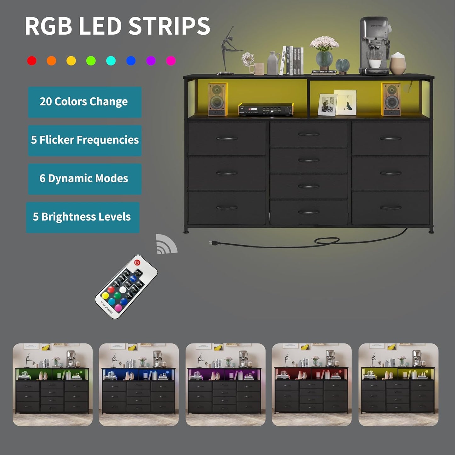 55W 10-Drawers Dresser with 2 Open Storage Shelves, TV Stand Dresser for 55,65 inch TV，with Power Outlets and LED Lights, Fabric Dressers Drawers for Bedroom, Living Room (Black)