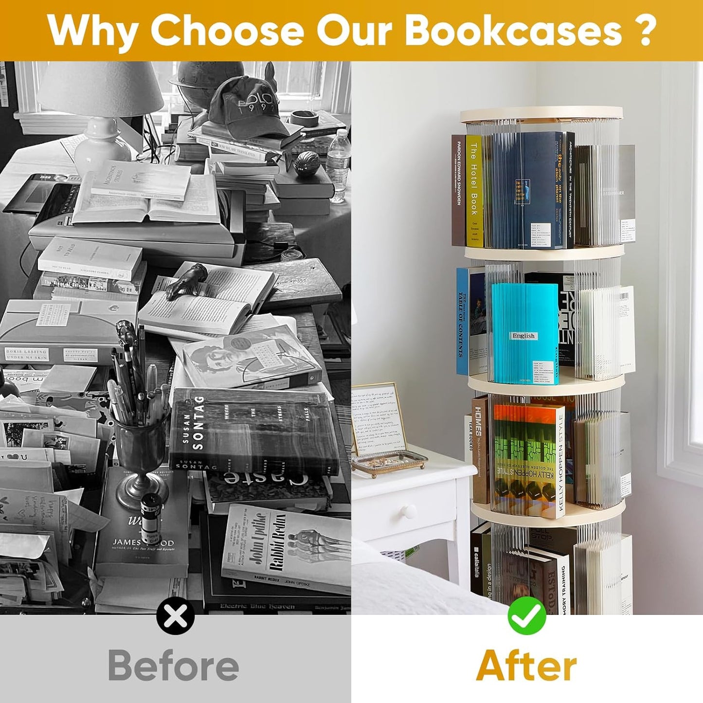 FAHKNS 4 Tier Rotating Bookshelf,360° Revolving Bookcase Tower,Clear Acrylic Round Book Shelf for Small Space,Suitable for Spinning Bookshelf Tower in Bedroom, Living Loom, Office