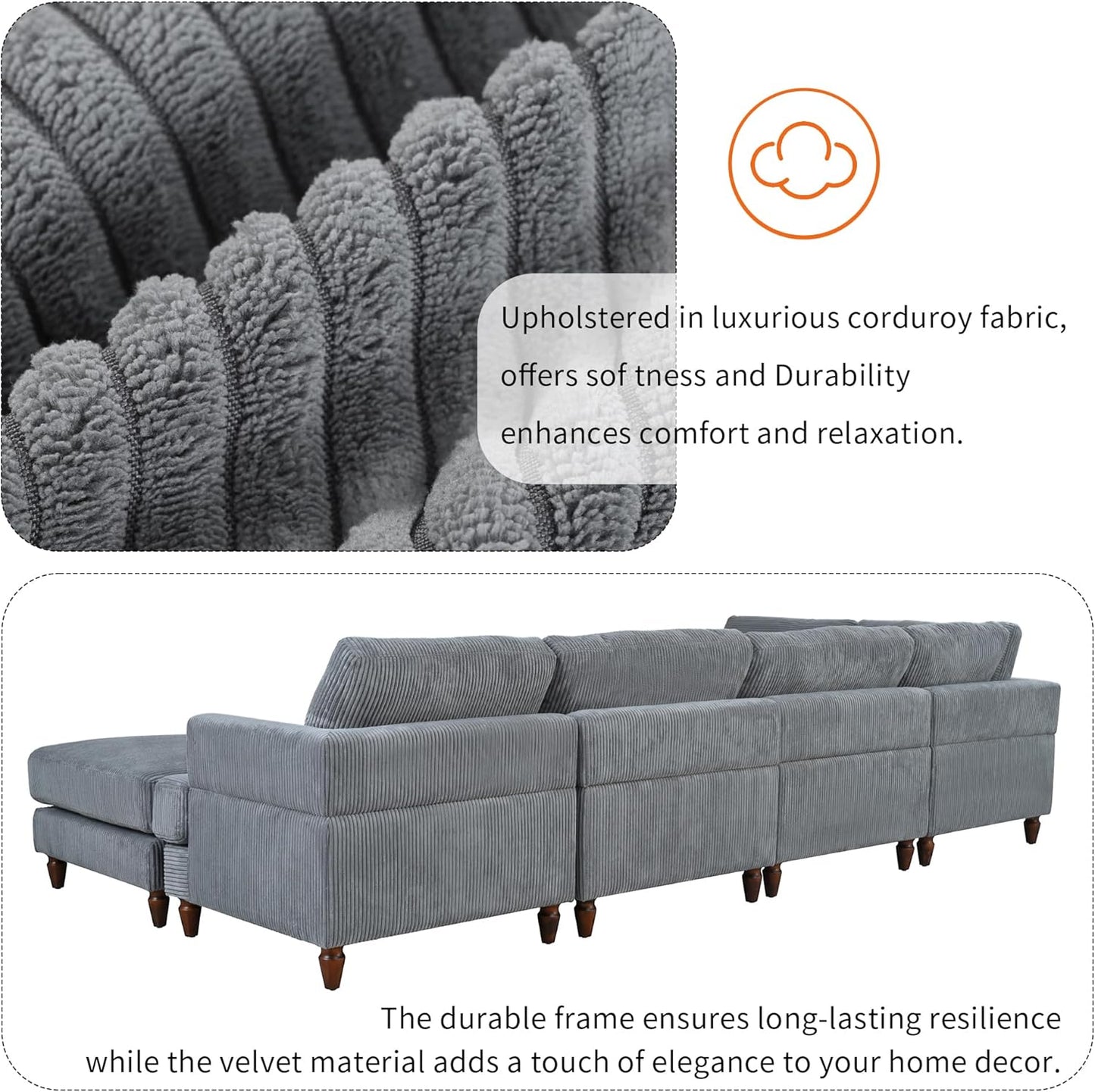 97.2 Inch L Shaped Modular Sectional Sofa with Movable Ottoman, 6-Seater Oversized Upholstered Combination Corner Couch for Living Room Office Spacious Space Furniture Sets, Gray