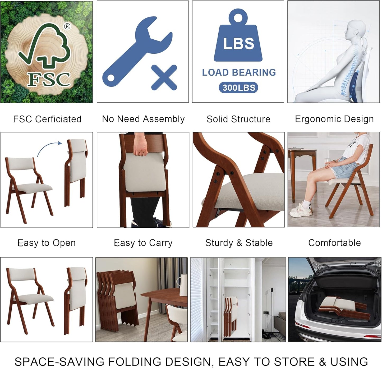 Ball & Cast Upholstered Folding Chairs Set of 2 with Ergonomically Designed Back and Solid Wood Frame, for Dining Room and Office,Indoor and Outdoor Events,Space Saving,Cream White+Cherry