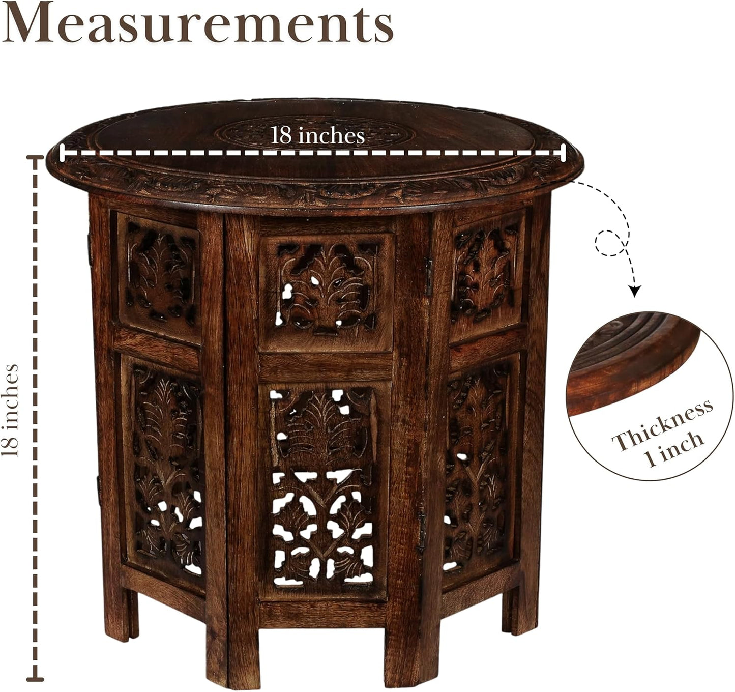 Round Wood Coffee Table - 18” Carved Small Accent Side Table with Burnt Finish, Wooden Altar Table, 18” Round Top x 18” Height, Perfect End Table for Living Room Décor