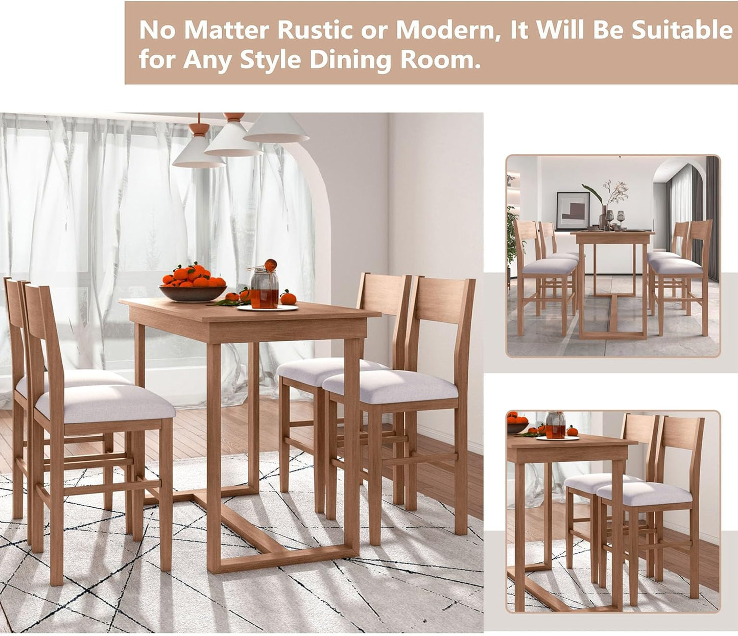 Merax Farmhouse Counter Height 5-Piece Dining Set with 1 Rectangular Table and 4 Upholstered Chairs for Small Places, Family Kitchen Furniture, Brown