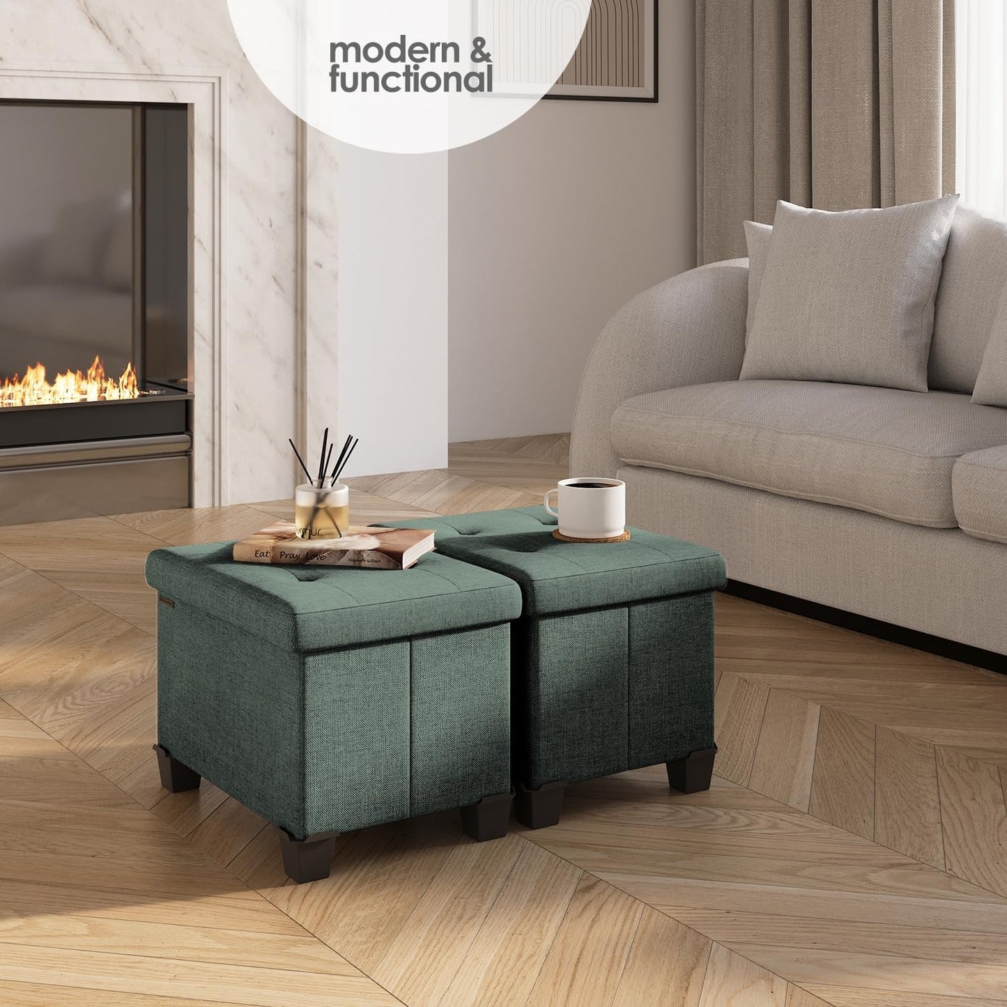 STORAGEBUD Storage Ottoman Cube with Small Bin, 16-in Square Ottoman with Storage for Living Room and Bedroom, Small Ottomans Foot Rest, Fabric Foot Stools Ottomans Max 330lbs, Green