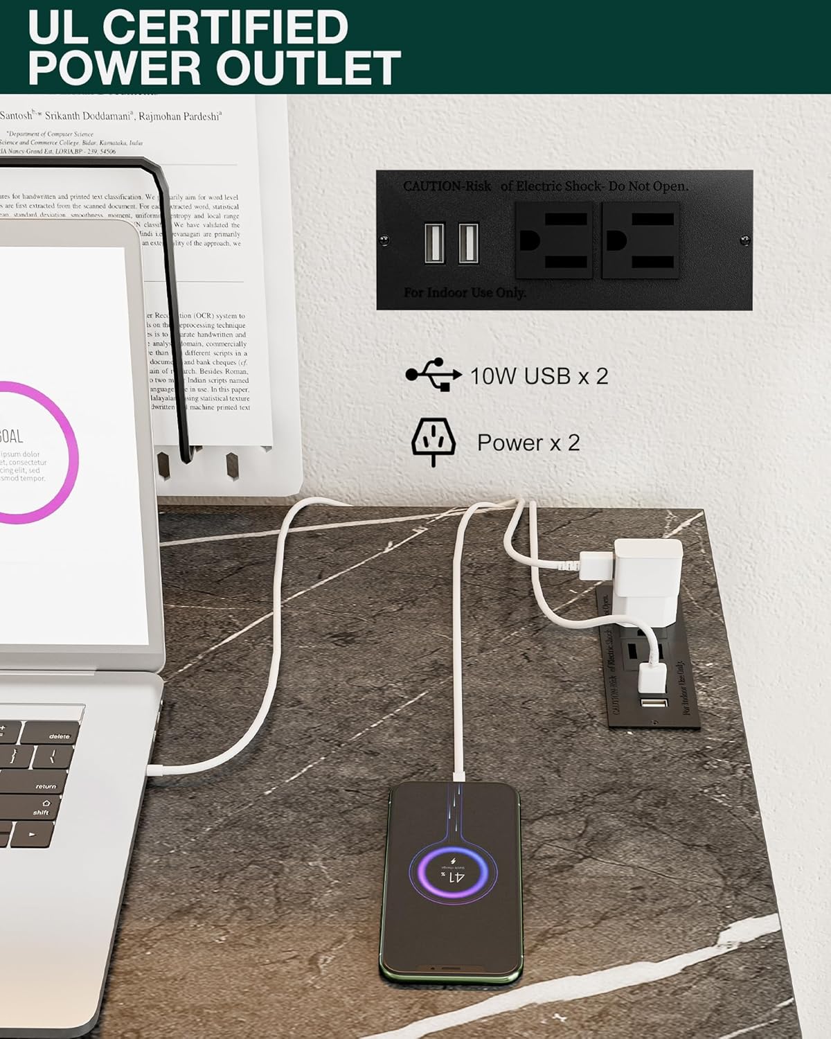 Frylr Small Folding Computer Desk – 35.8 Inch Portable Table for Craft and Study, Lightweight Desk for Small Spaces, Foldable Laptop Table Built-in AC/USB Outlets for Convenience, Marble Greige