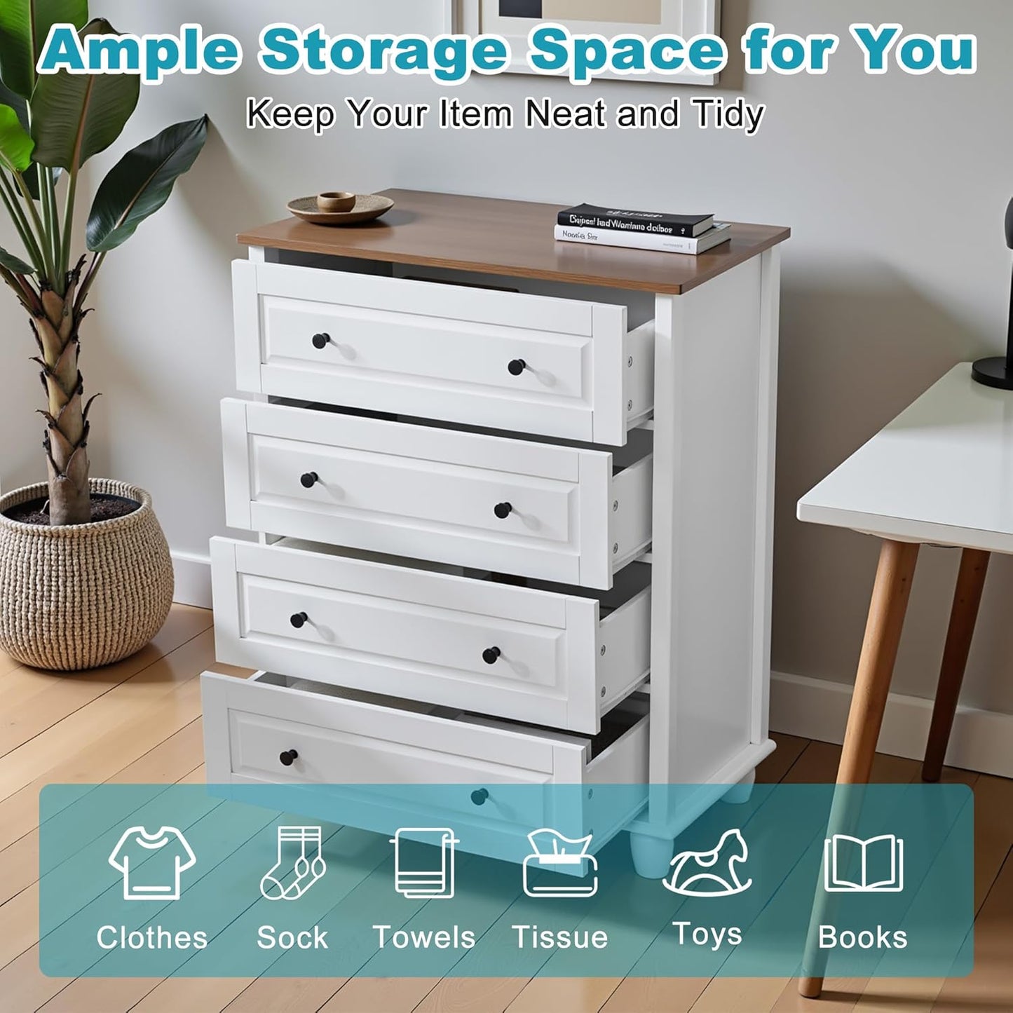 Farmhouse 4 Drawers Dresser for Bedroom, 29.1" Wide Wood Chest of Drawers with Metal Handle, Tall Storage Dressers Organizer for Bedroom, Living Room, Hallway, Ivory White