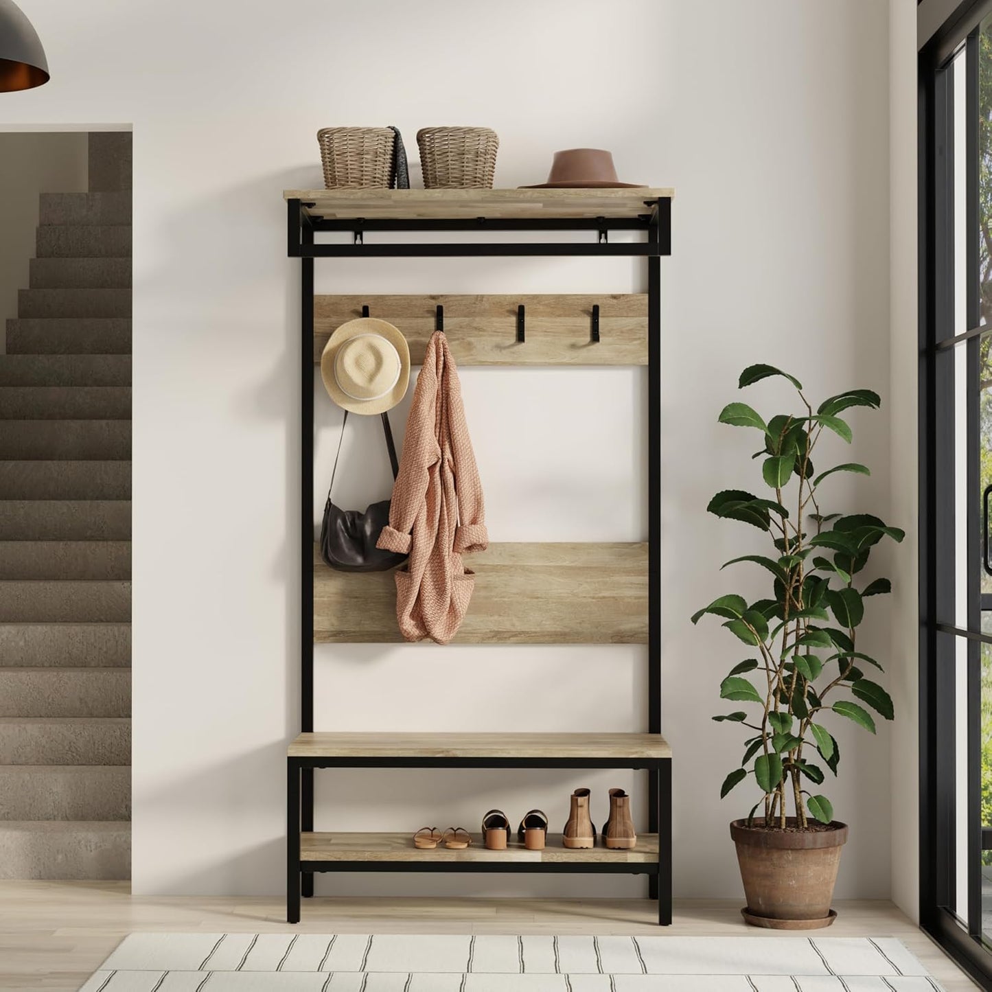 SIMPLIHOME Westmont Hall Tree Bench - 40 inch Wide Solid Mango Wood Entryway Seat in Natural, Industrial Bench for Entryway or Hallway with Metal Frame, Coat Hooks and Open Shelf