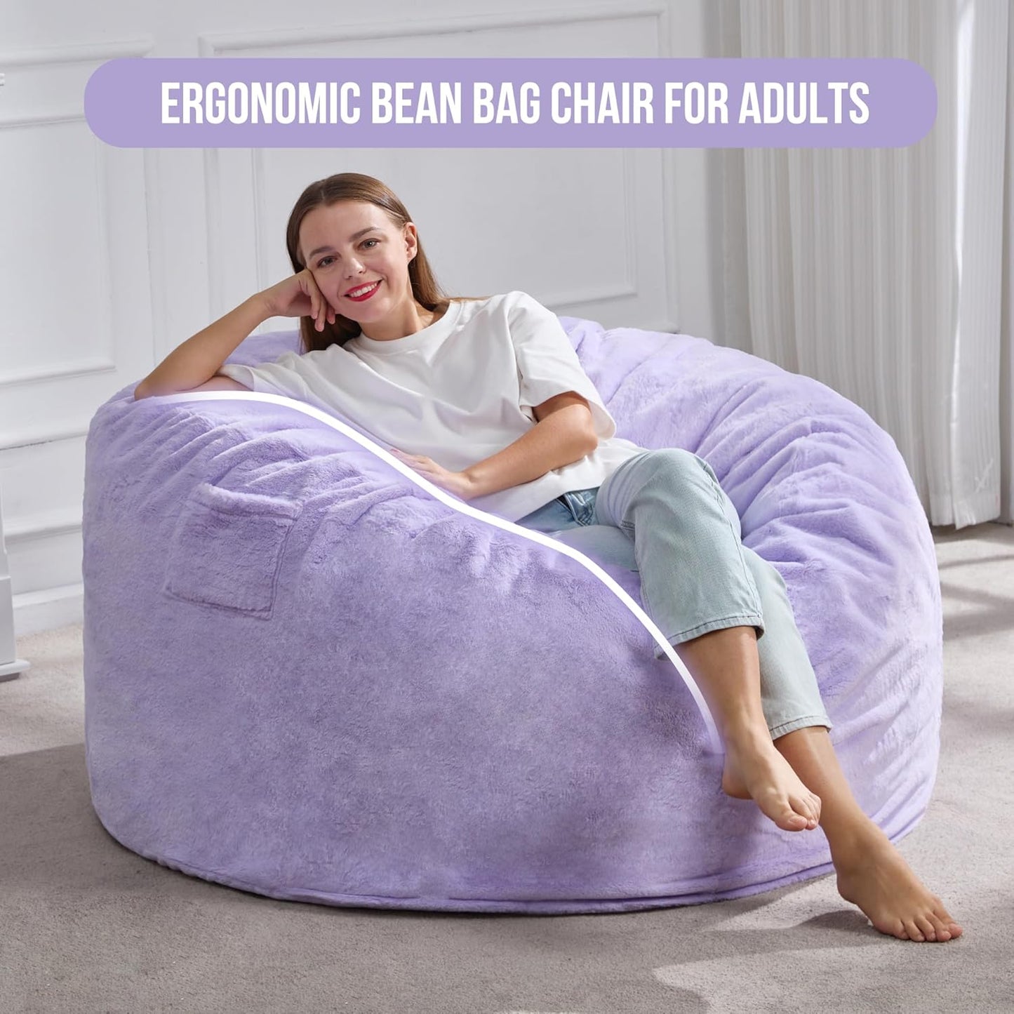 Hobestluk 4ft Bean Bag Chairs for Adults Large Beanbag Chair with Plush Faux Fur Cover Big Bean Bag Chair for Living Room Bedroom Dorm Office - Purple (44” x 44” x 24”)