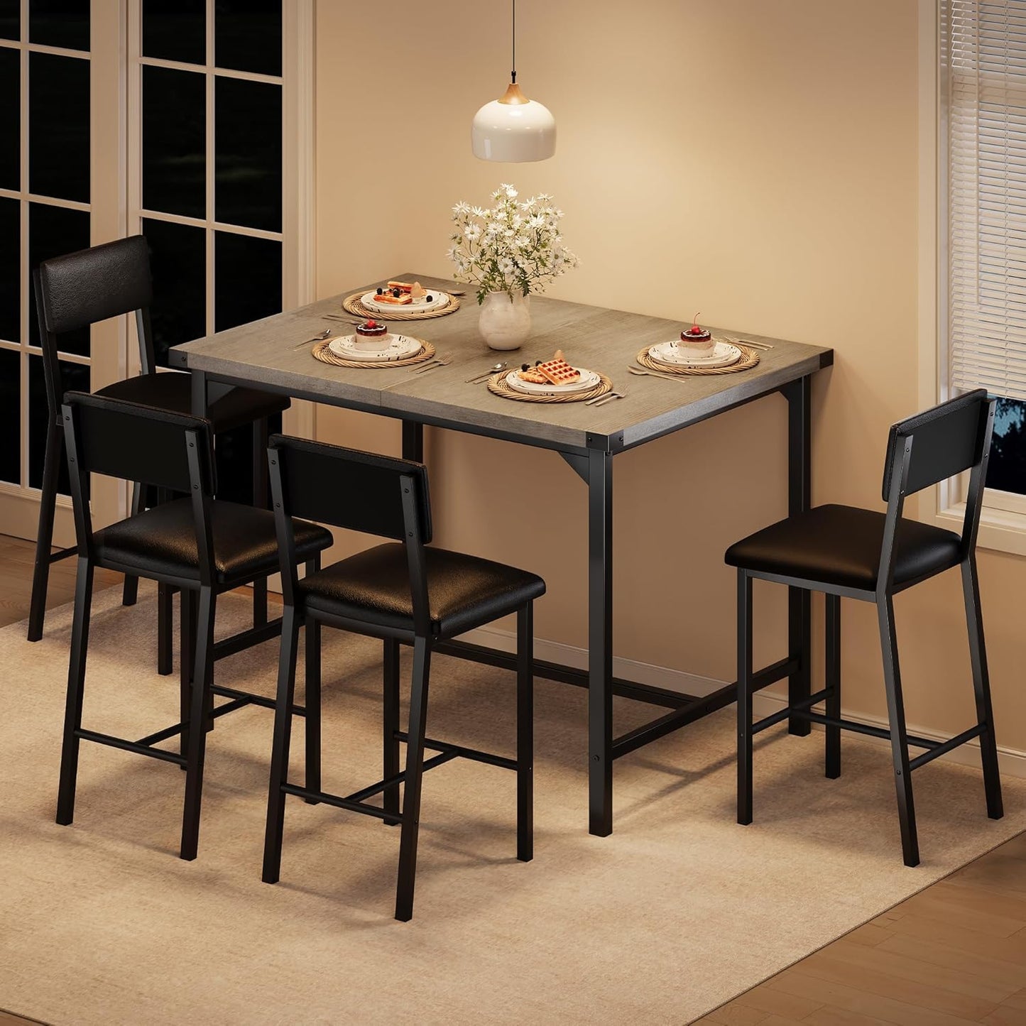 IDEALHOUSE Dining Table Set for 4 w/Footrest & Corner Protector, 5-Piece Kitchen Table Set with Counter Height Table & 4 Upholstered Bar Stools, for Kitchen Room, Apartment, Pub, Retro Gray