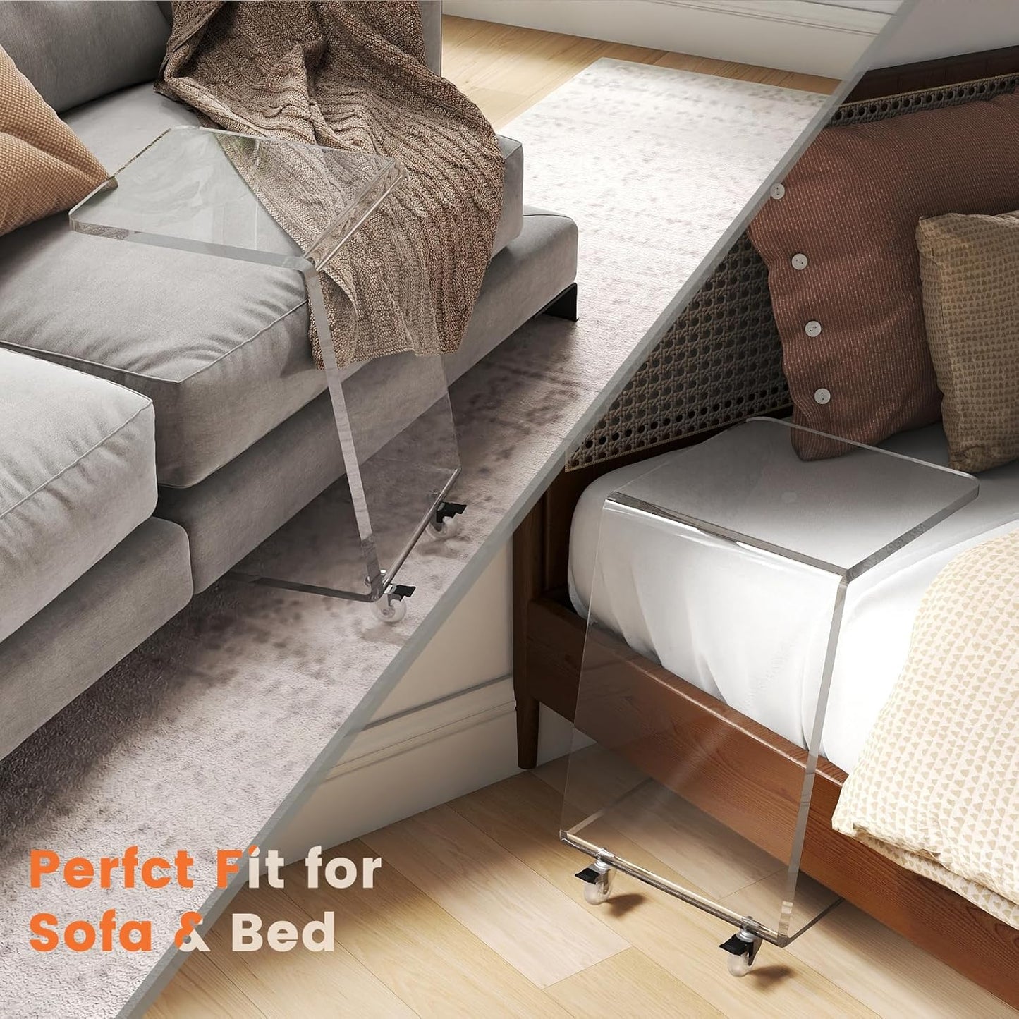 2-Pack Clear Acrylic C Shaped Side Table with Wheels, Modern End Tables for Sofa, Couch, and Bed – 15mm Thick Durable Acrylic Small Snack Laptop Tables for Living Room & Bedroom