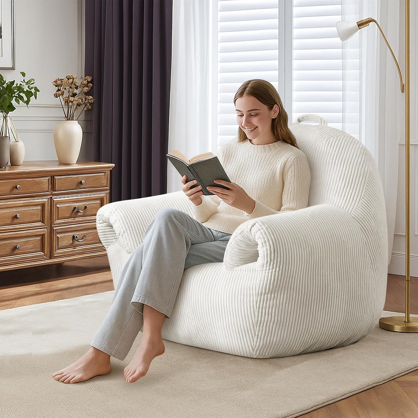 DAICO Bean Bag Chairs for Adults Oversized BeanBag Chair with Armrests Bean Bag Sofa Comfy Accent Chair Corduroy Lazy Floor Single Sofas with Foam for Bedroom Living Room Reading Gaming Beige