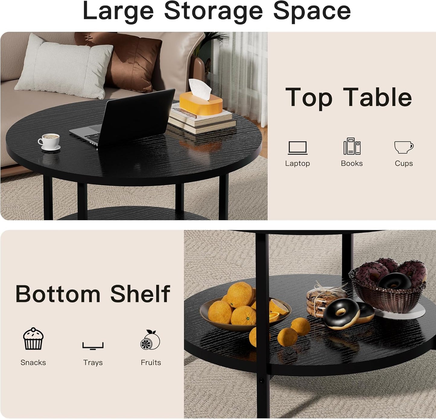 Coffee Table, 2 Tier Coffee Tables for Living Room, Round Coffee Table with Storage, Floor Table for Bedroom, Home Office, Black (27.6" D x 17.7" H)