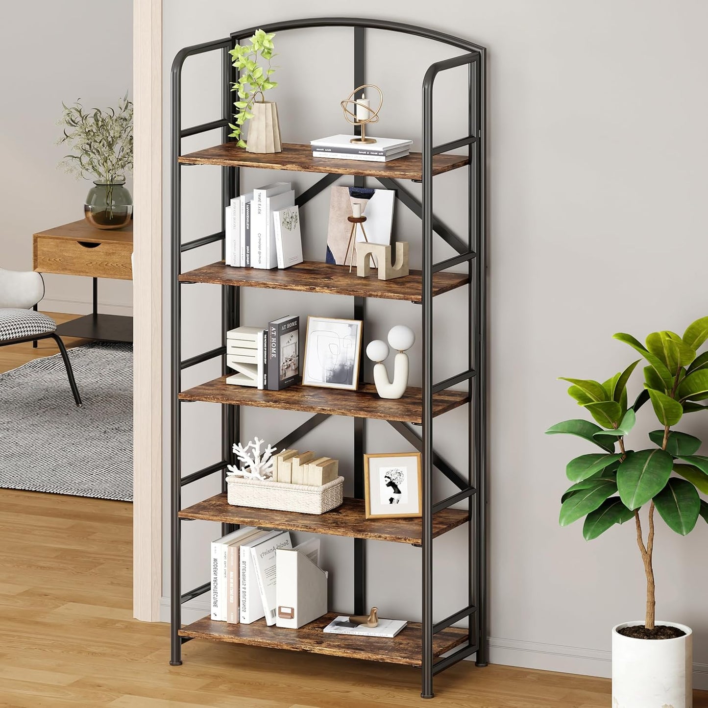 No-Assembly Folding Gold Bookshelf Storage Shelves 5 Tiers Vintage Multifunctional Plant Flower Stand Storage Rack Shelves Bookcase for Home Office